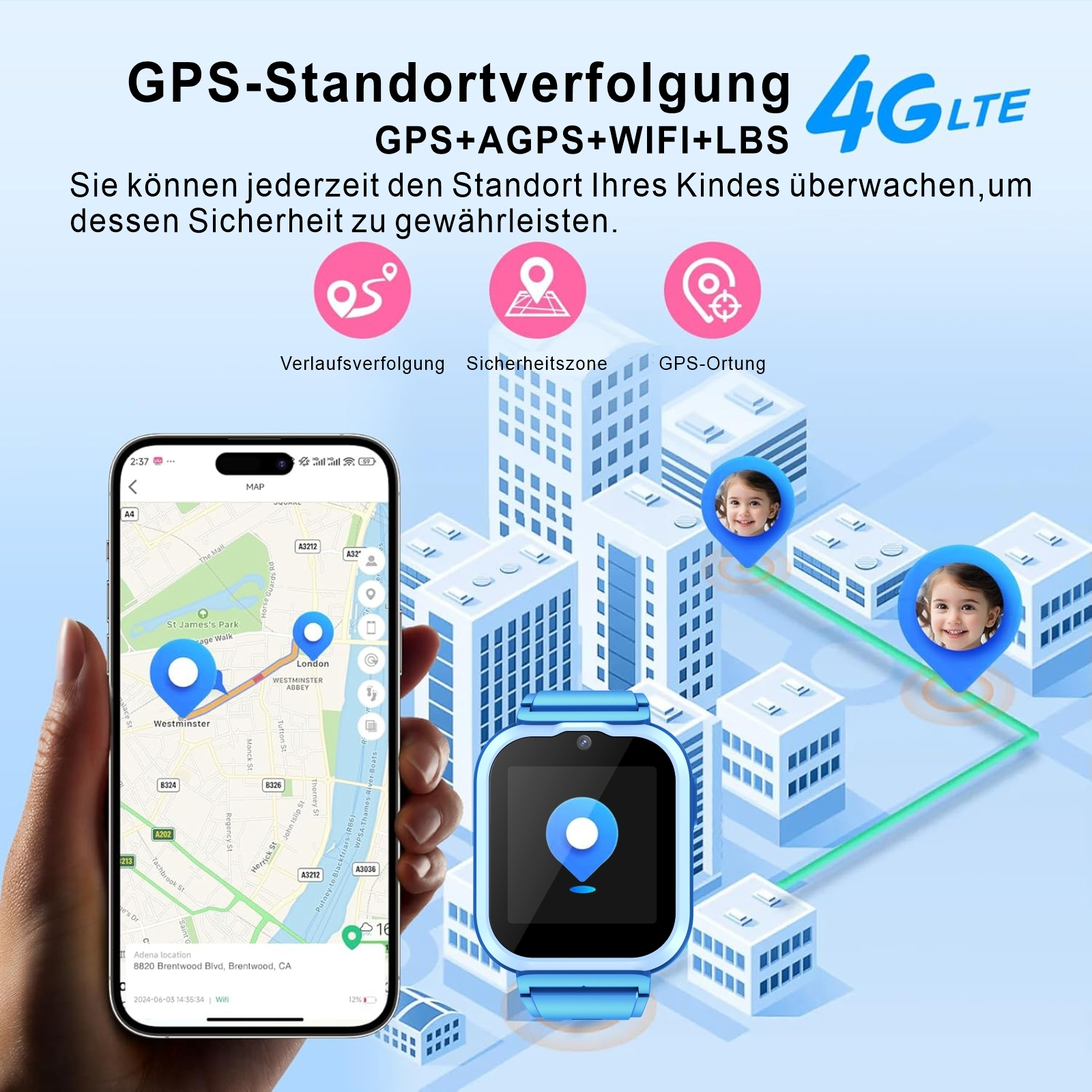 Eine Stadtkarte mit einer Smartwatch und einem Telefon, das einen Standort anzeigt, Kinderorte.