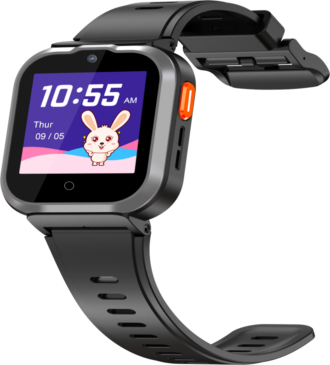 Schwarze Smartwatch mit digitaler Anzeige der Uhrzeit und einem Cartoon-Hasen.