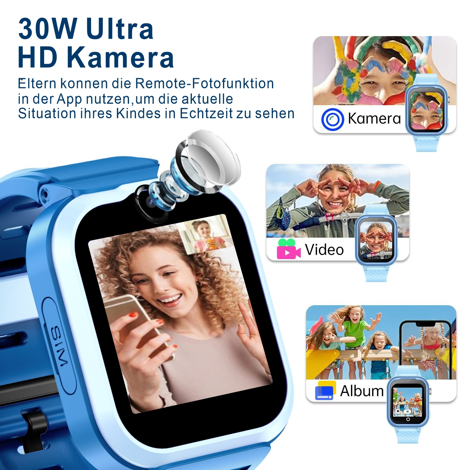 Eine blaue Smartwatch, die Videoanrufinteraktion und Bilder von Kamera, Video und Album zeigt.