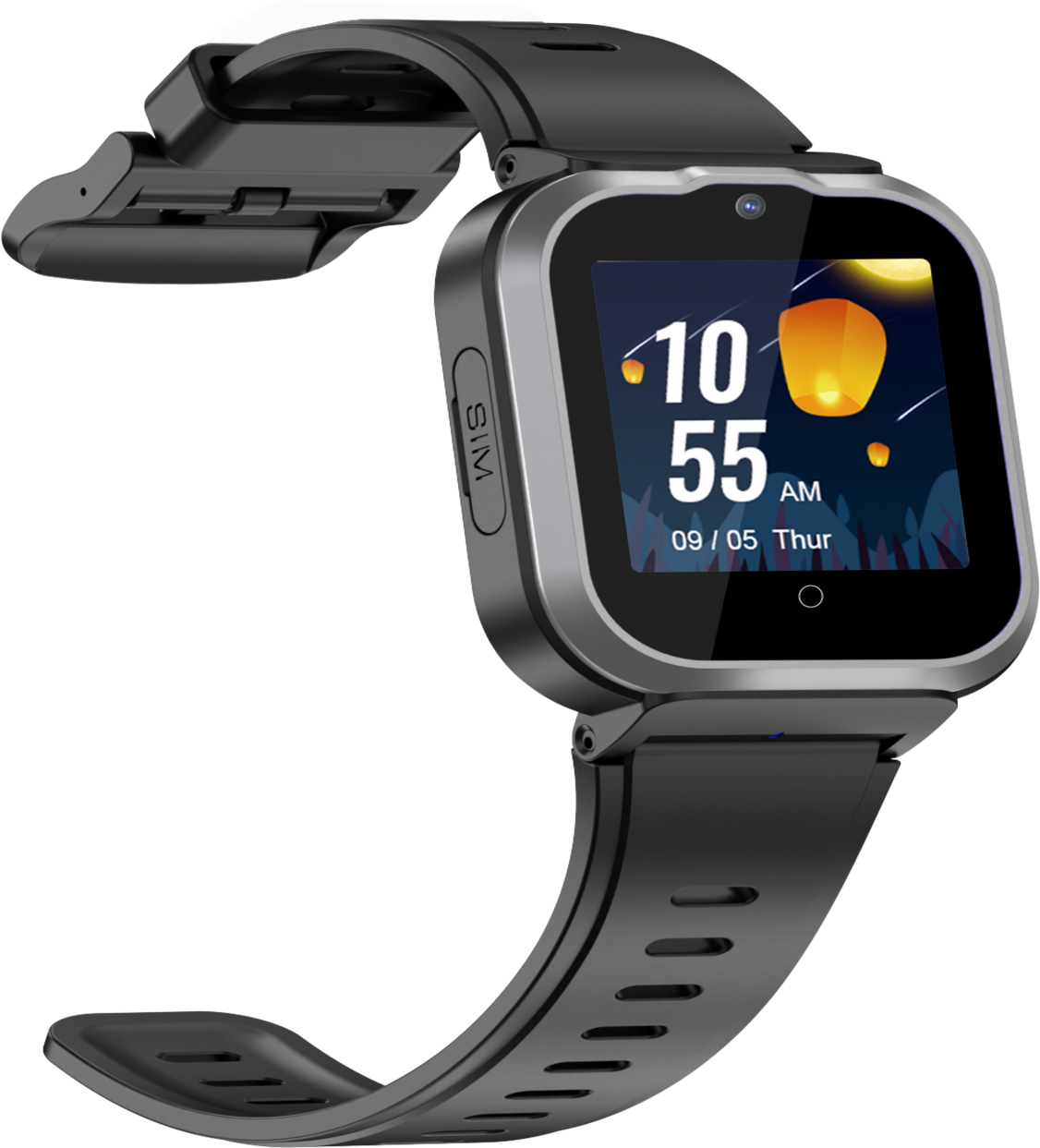 Eine schwarze Smartwatch, die die Uhrzeit, das Datum und Symbole anzeigt. Die Uhr hat ein schwarzes Armband.