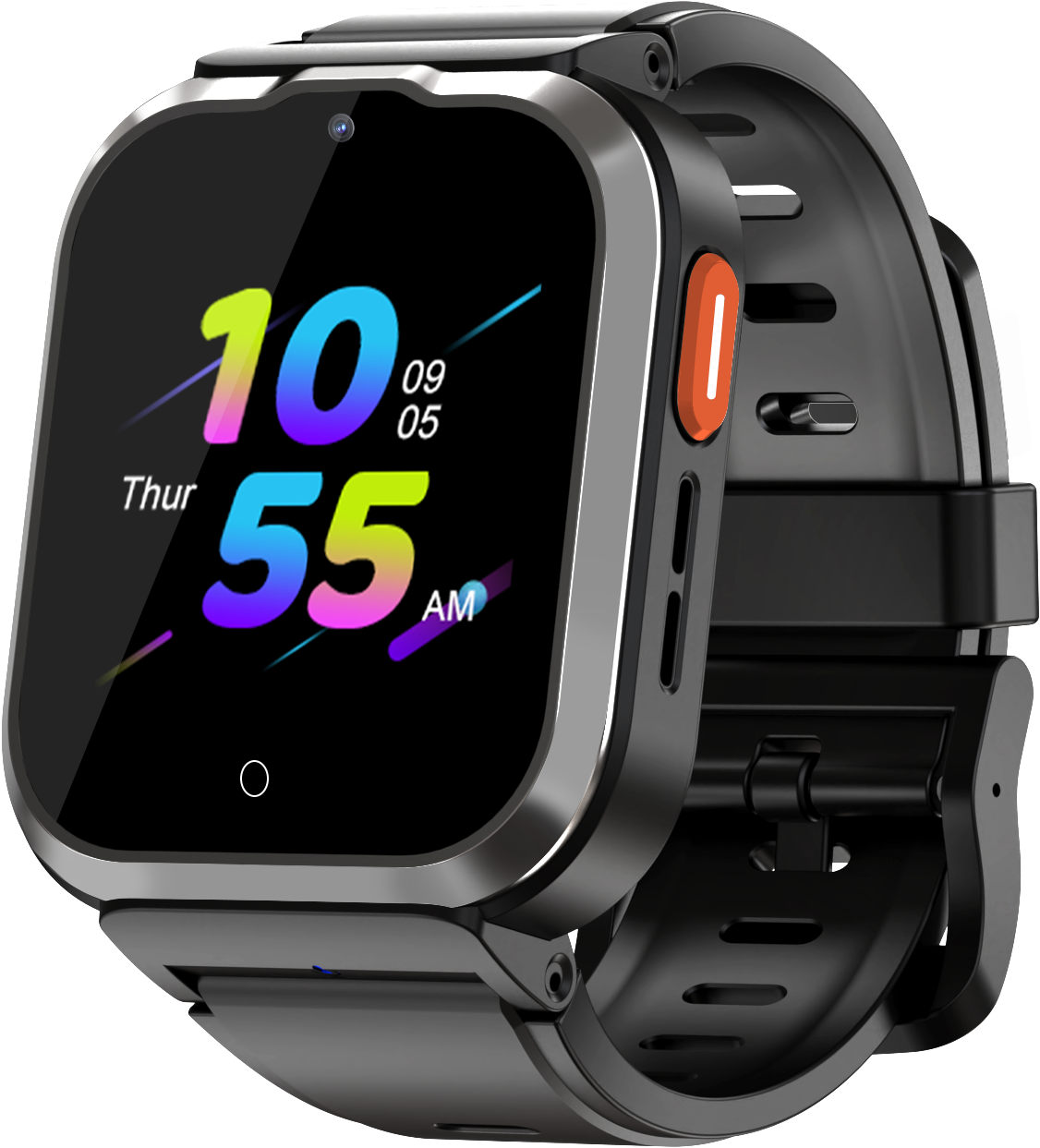 Eine Smartwatch mit schwarzem Armband und einem Bildschirm, der Zeit, Datum und eine farbenfrohe Oberfläche zeigt.