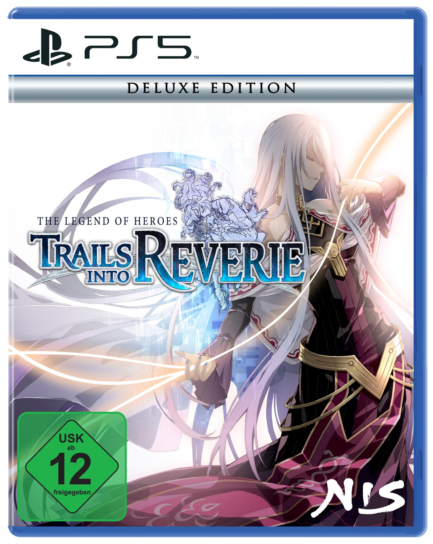 PS5-Spielbox. 'The Legend of Heroes: Trails into Reverie' Deluxe Edition auf blauem Hintergrund.