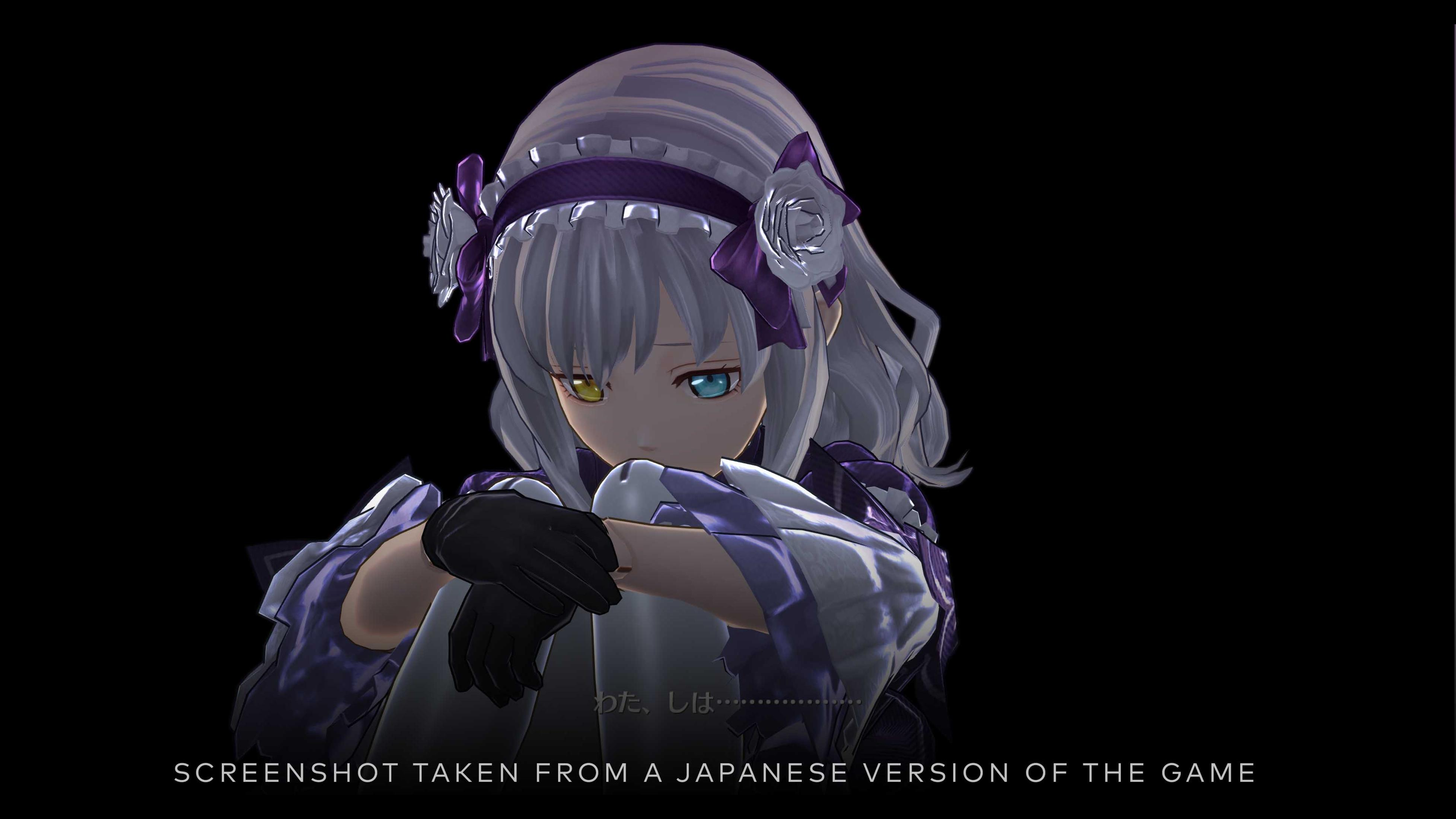 Anime-Figur mit weißen Haaren und lila Akzenten. Sie hat Heterochromie, ein blaues und ein gelbes Auge.