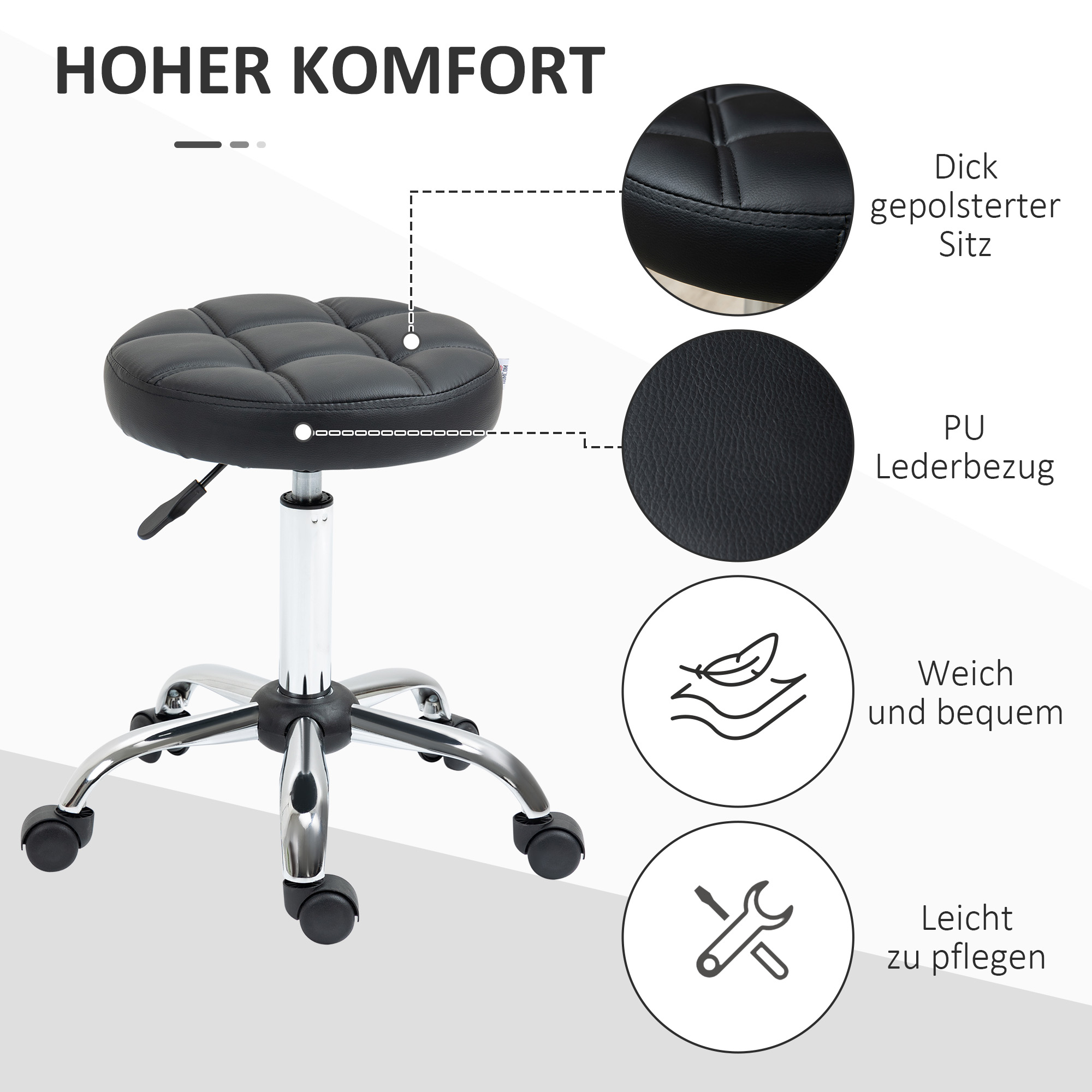 Diagramm eines schwarzen Hockers mit gepolstertem Sitz, höhenverstellbar und Chromfuß mit Rädern.