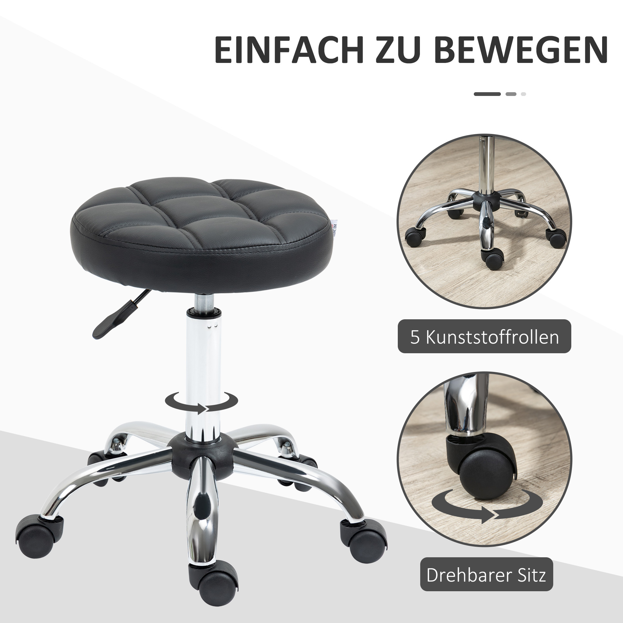 Ein schwarzer Hocker mit gepolstertem Sitz und Rädern. Der Hocker ist verchromt und hat einen Hebel.