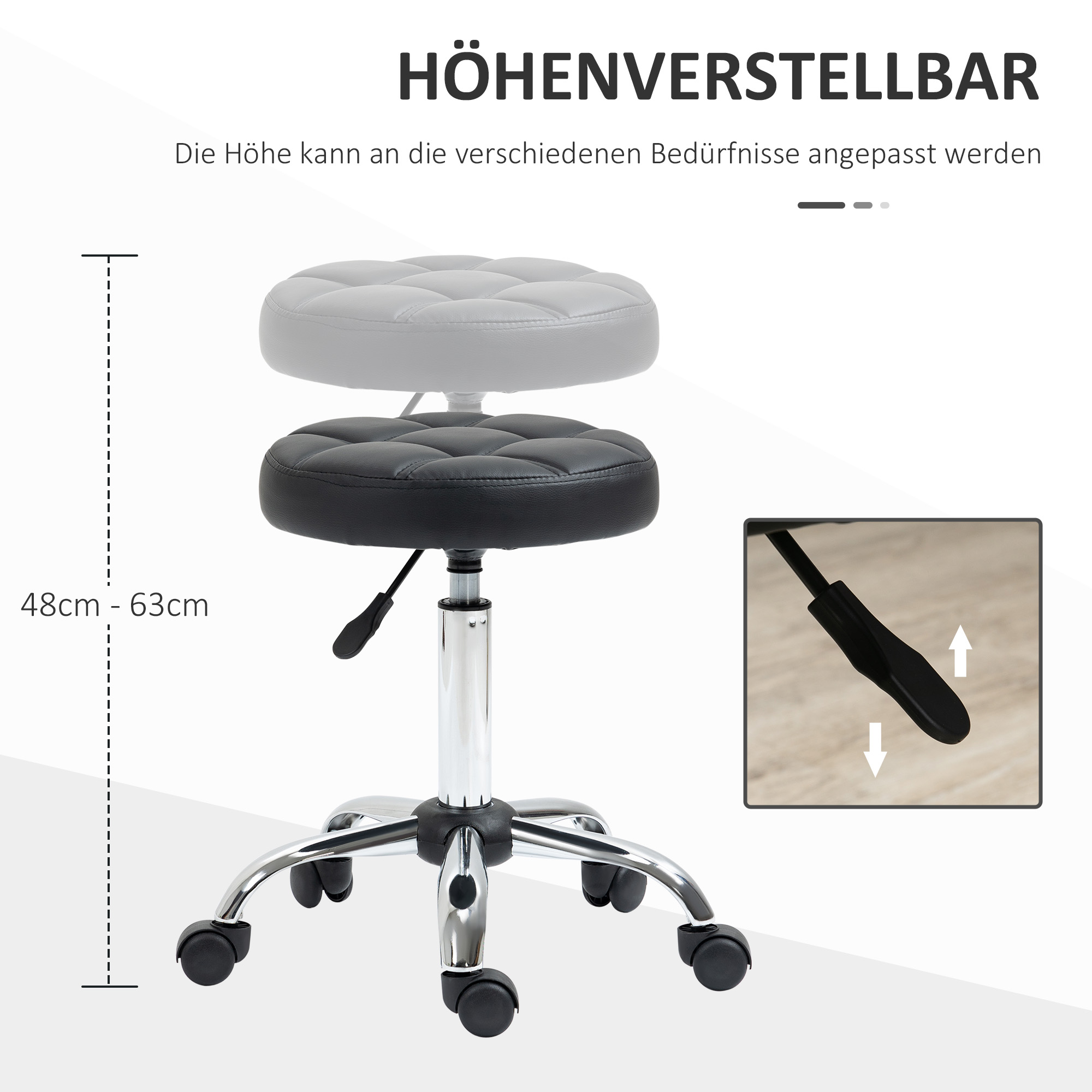 Diagramm eines Hockers mit Höhenverstellung von 48cm bis 63cm. Zeigt den Höhenverstellhebel.