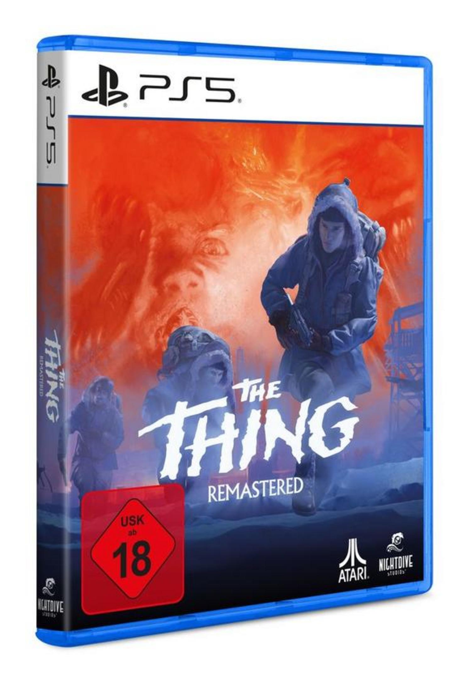 Boîtier de jeu PS5 pour 'The Thing Remastered', avec un homme en parka et une illustration de monstre.