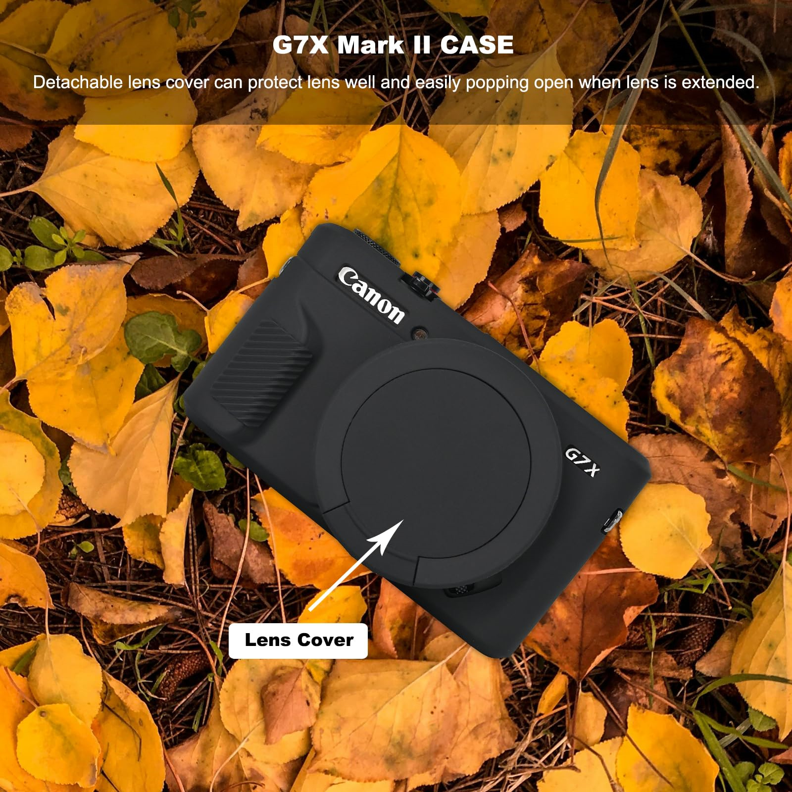 Canon G7X Kamera in schwarzem Gehäuse auf Herbstblättern. Gelbe Blätter und natürliches Licht.