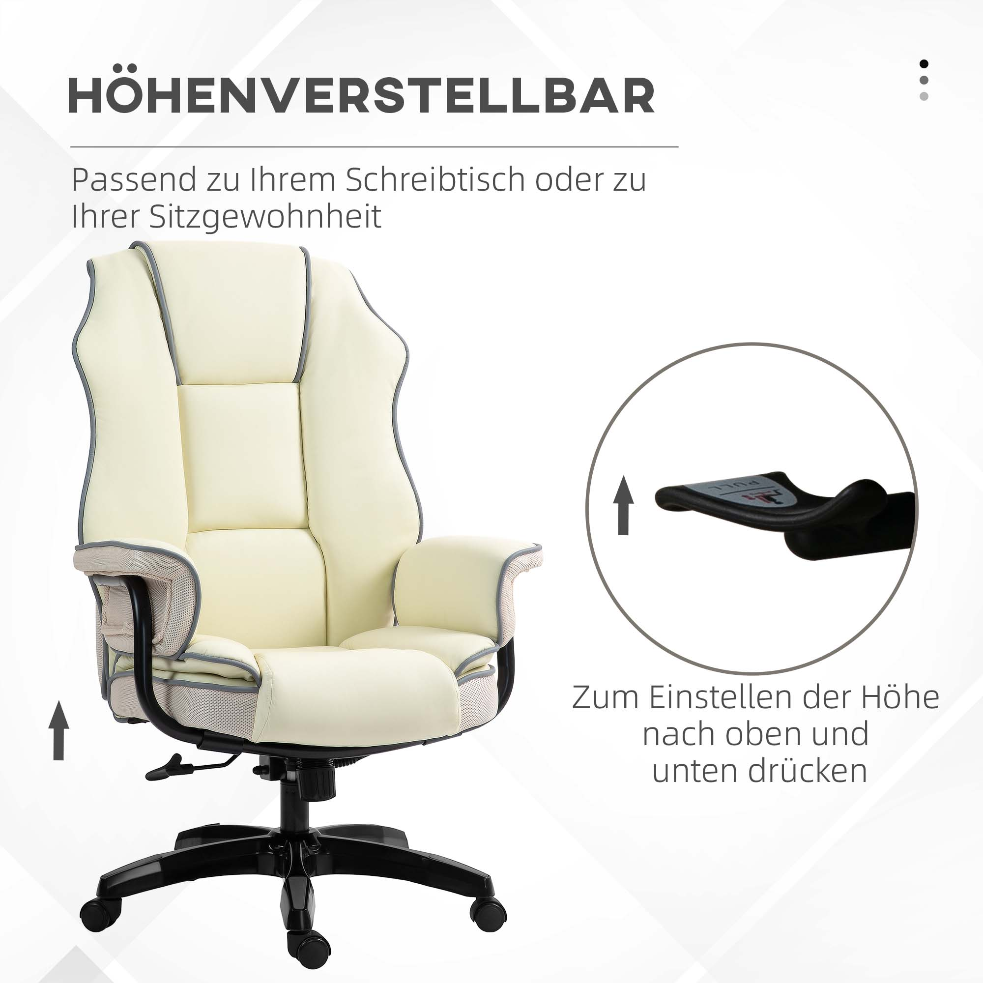 Cremefarbener Bürostuhl mit grauen Akzenten. Text zeigt Höhenverstellung.