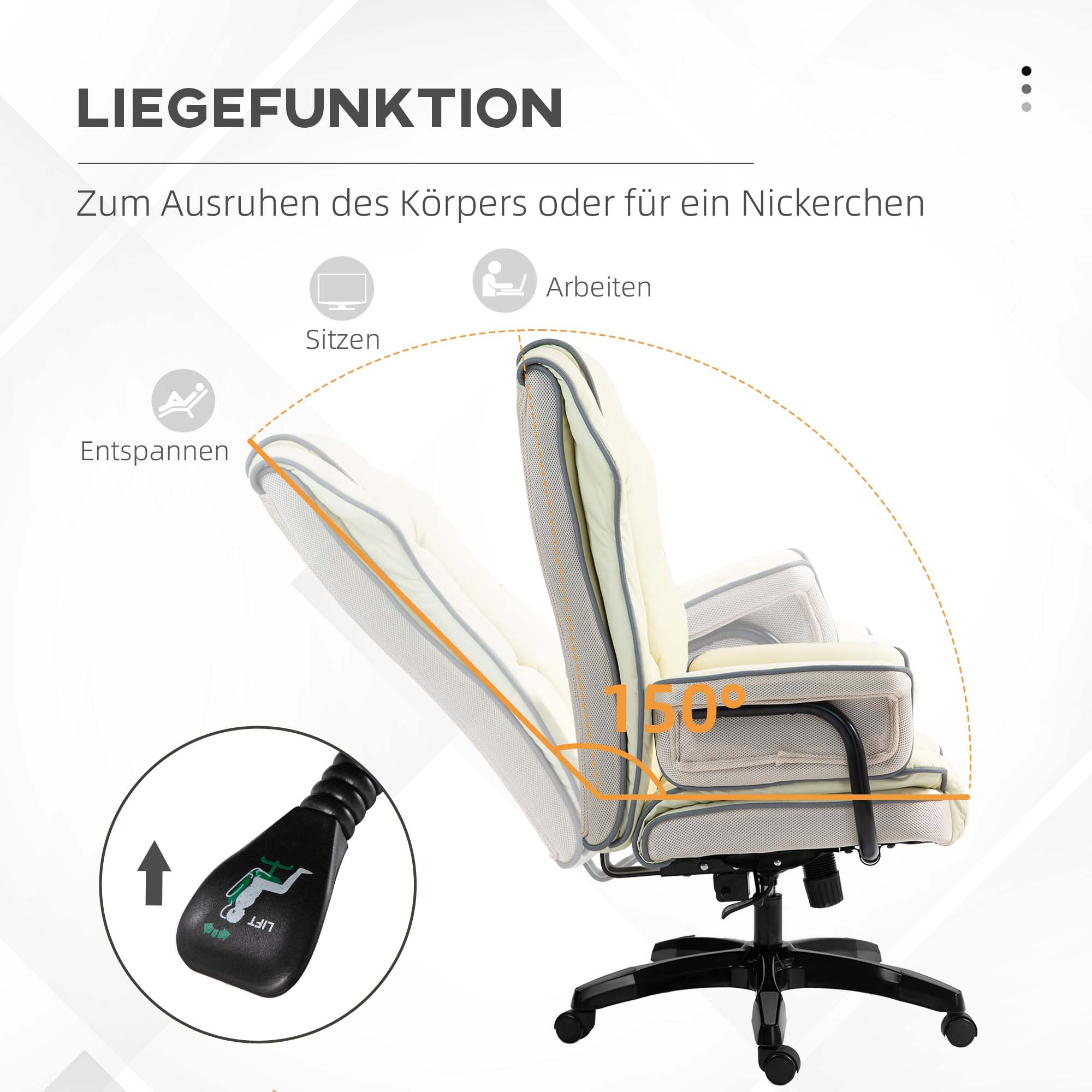 Cremefarbener Bürostuhl, Text zeigt Liegefunktion bis zu 150 Grad.