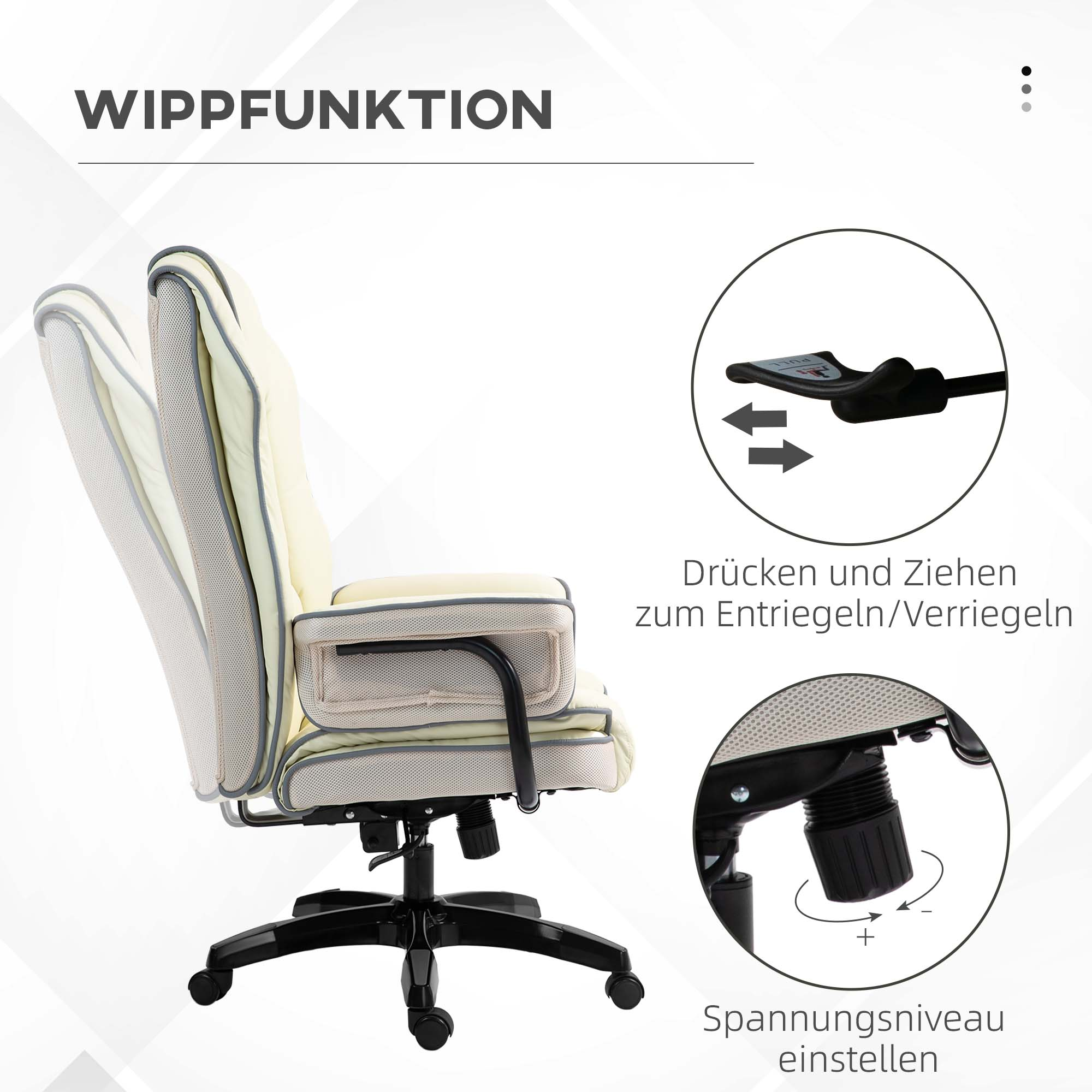 Cremefarbener Bürostuhl mit Wippfunktion-Illustration. Text: Spannungseinstellung.