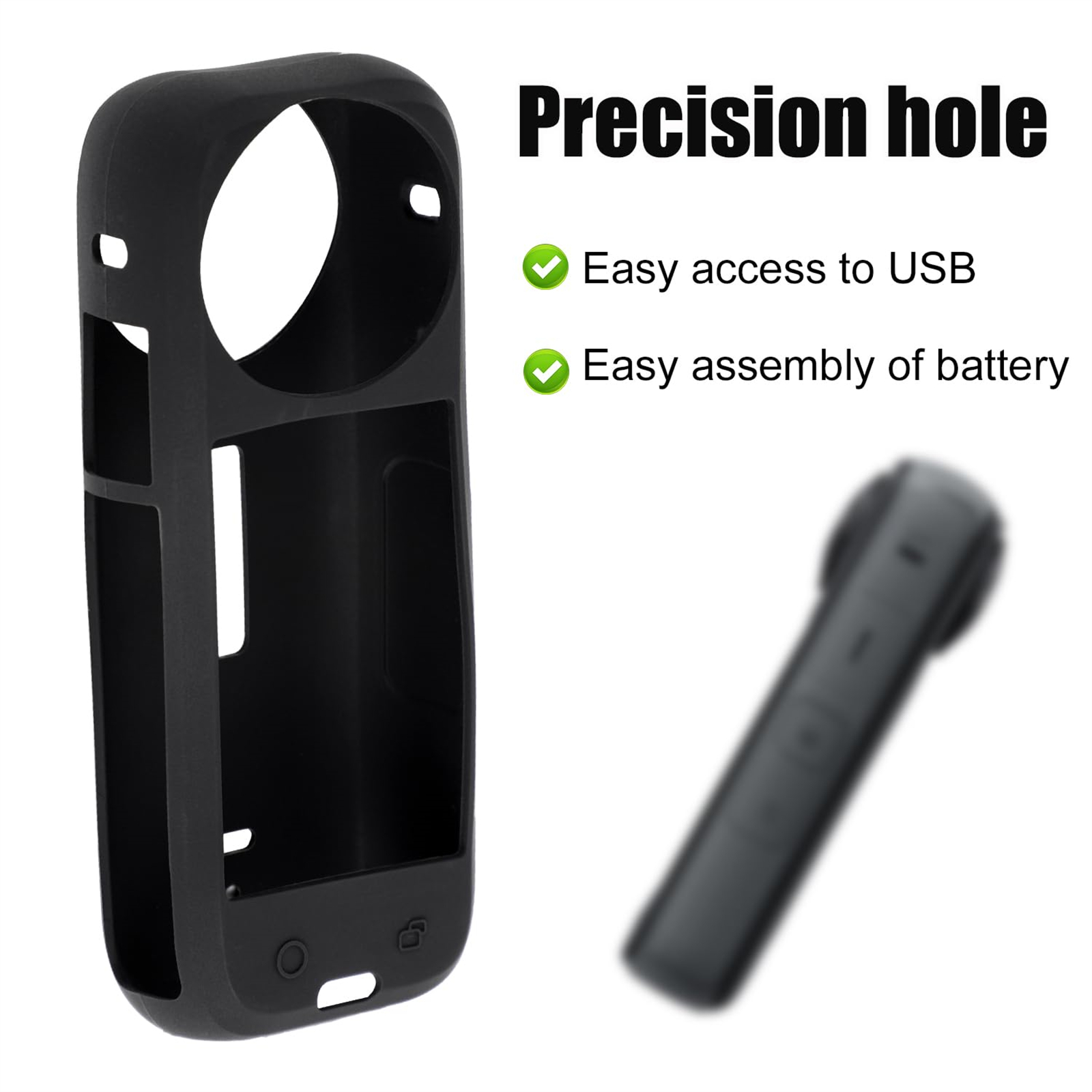Eine schwarze Schutzhülle für eine Kamera. Die Hülle befindet sich neben einer Kamera. Die Worte 'Precision hole' erscheinen.