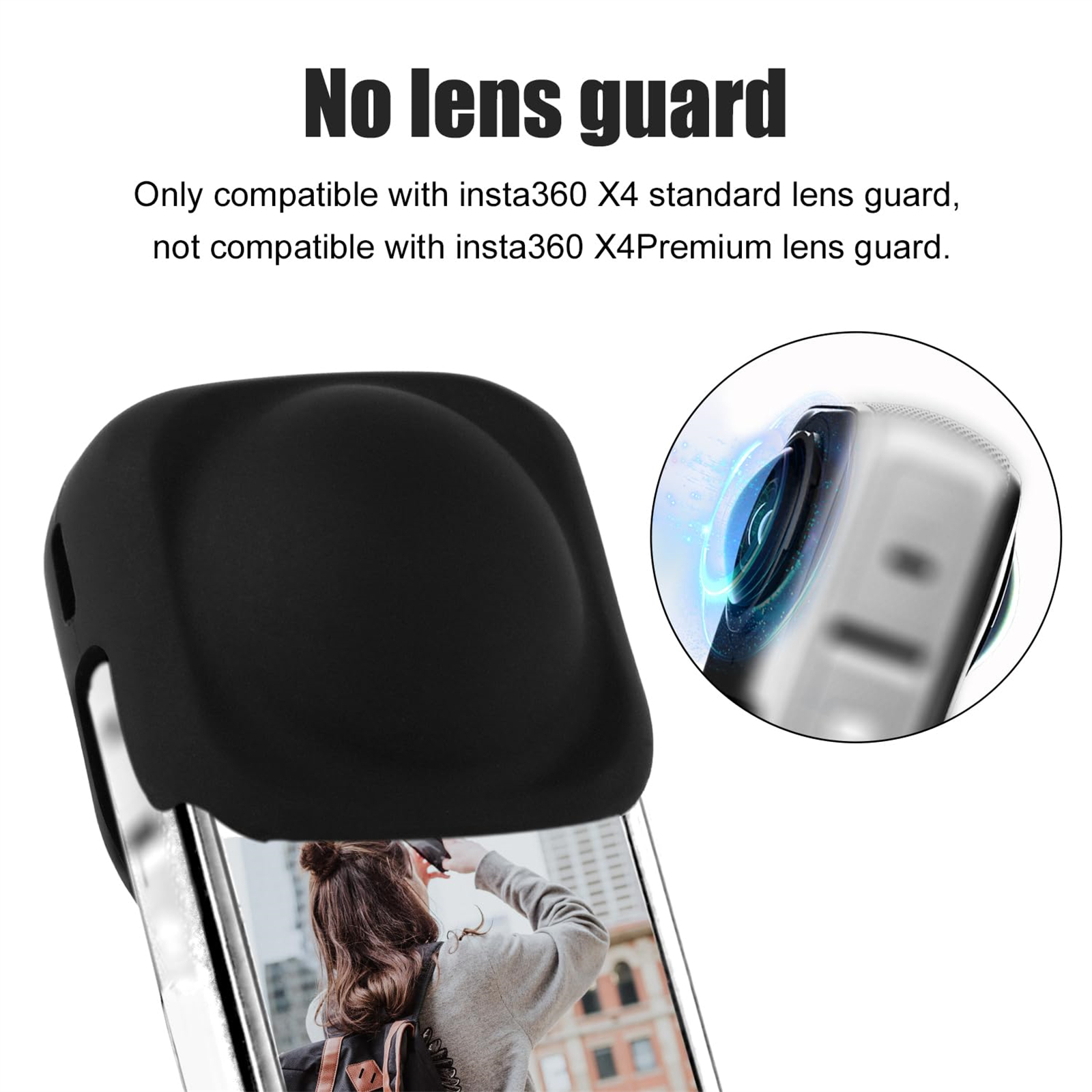 Eine schwarze Objektivabdeckung, mit einem Gesicht einer Frau im Objektiv reflektiert, und die Worte 'No lens guard'.