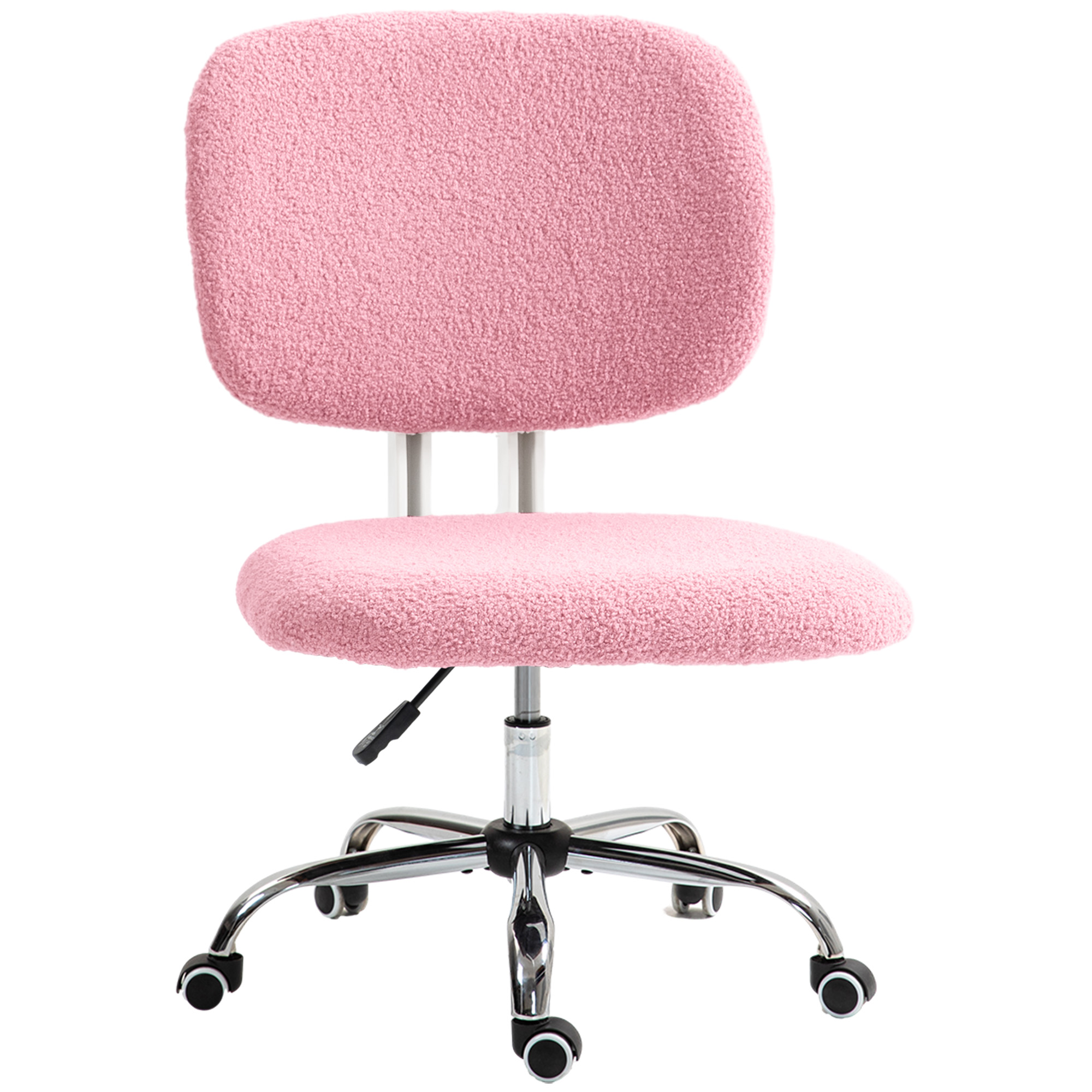 Rosa, flauschiger Bürostuhl mit verchromtem Gestell. Es befindet sich auf weißem Hintergrund, der den Stuhl zeigt.