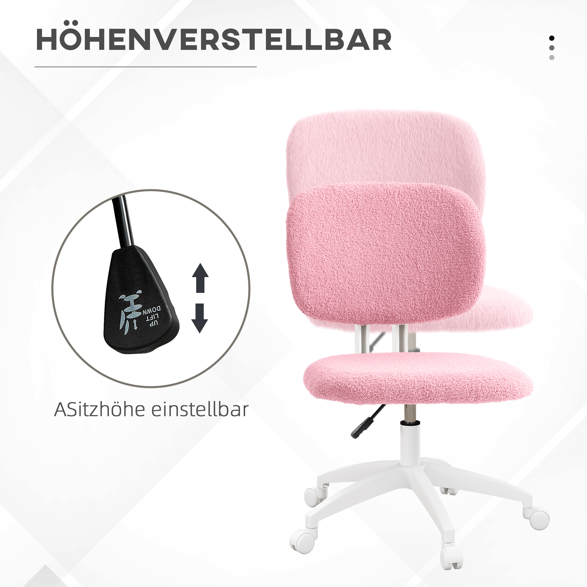 Rosa, flauschiger Bürostuhl. Der Stuhl ist höhenverstellbar. Ein Pfeil zeigt den Verstellmechanismus.