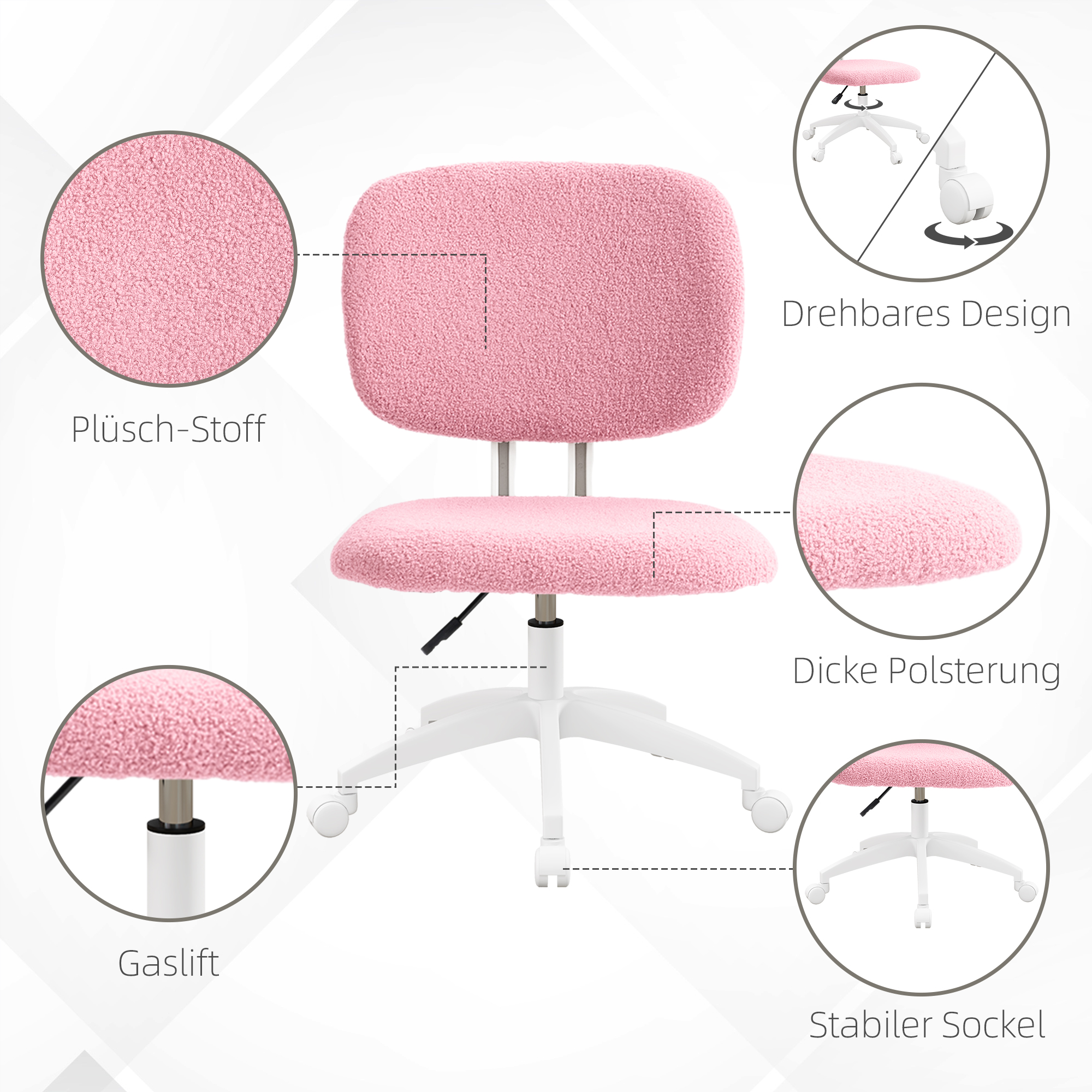 Rosa Schreibtischstuhl mit weißem Untergestell und Diagramm mit Merkmalen.