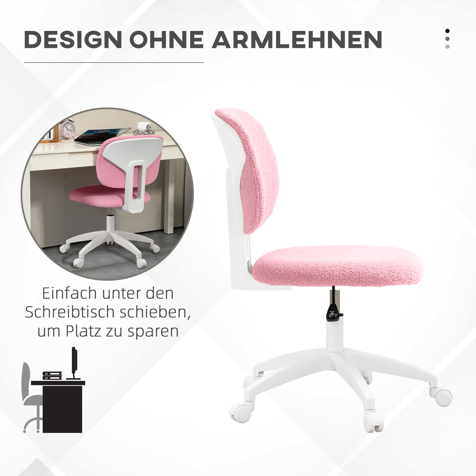 Rosa, flauschiger Bürostuhl. Das Stuhldesign wird mit einem Schreibtisch gezeigt. Text zeigt, dass der Stuhl unterschiebbar ist.