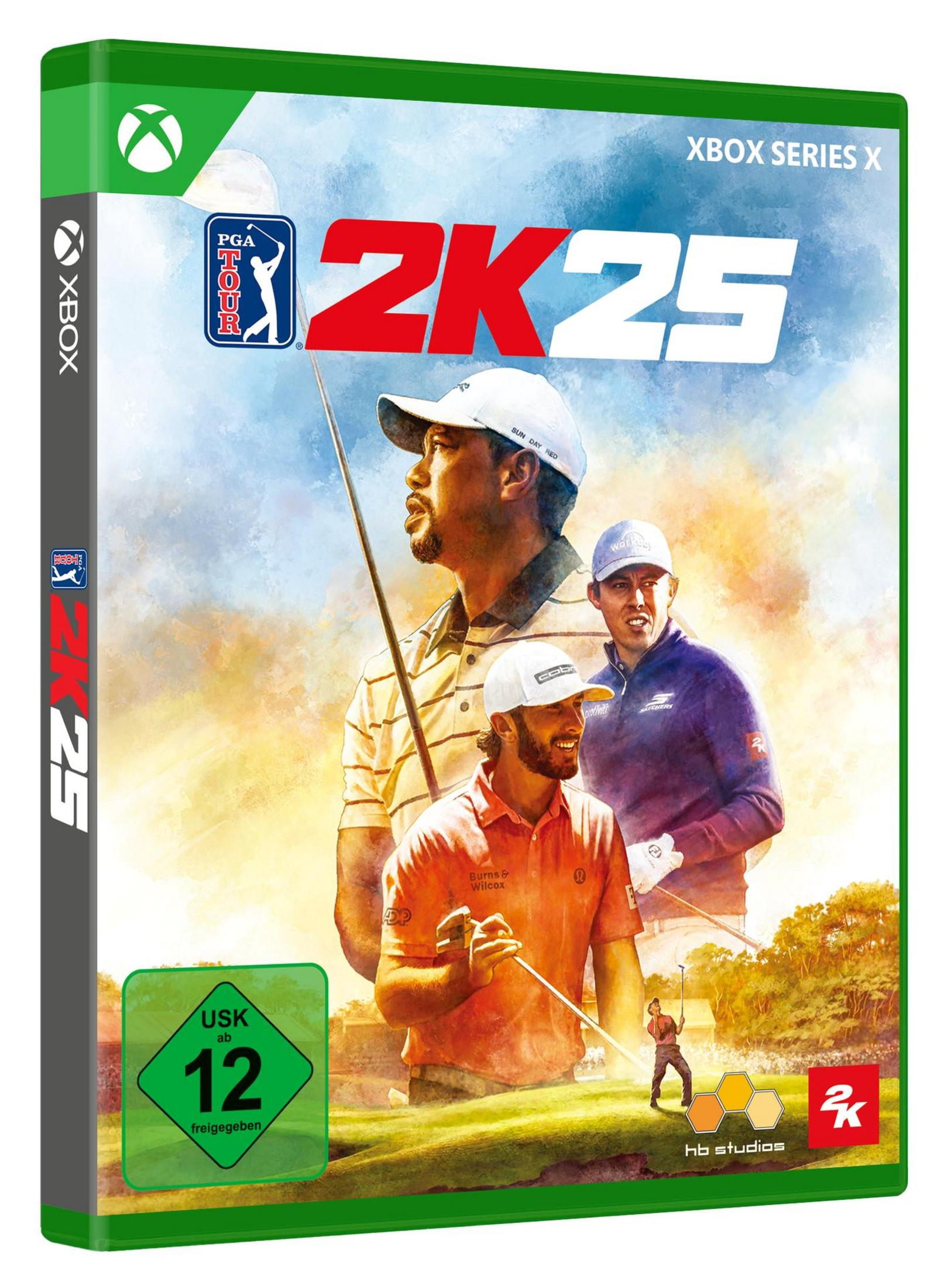 Pudełko gry wideo PGA Tour 2K25. Zawiera golfistów i logo Xbox Series X.