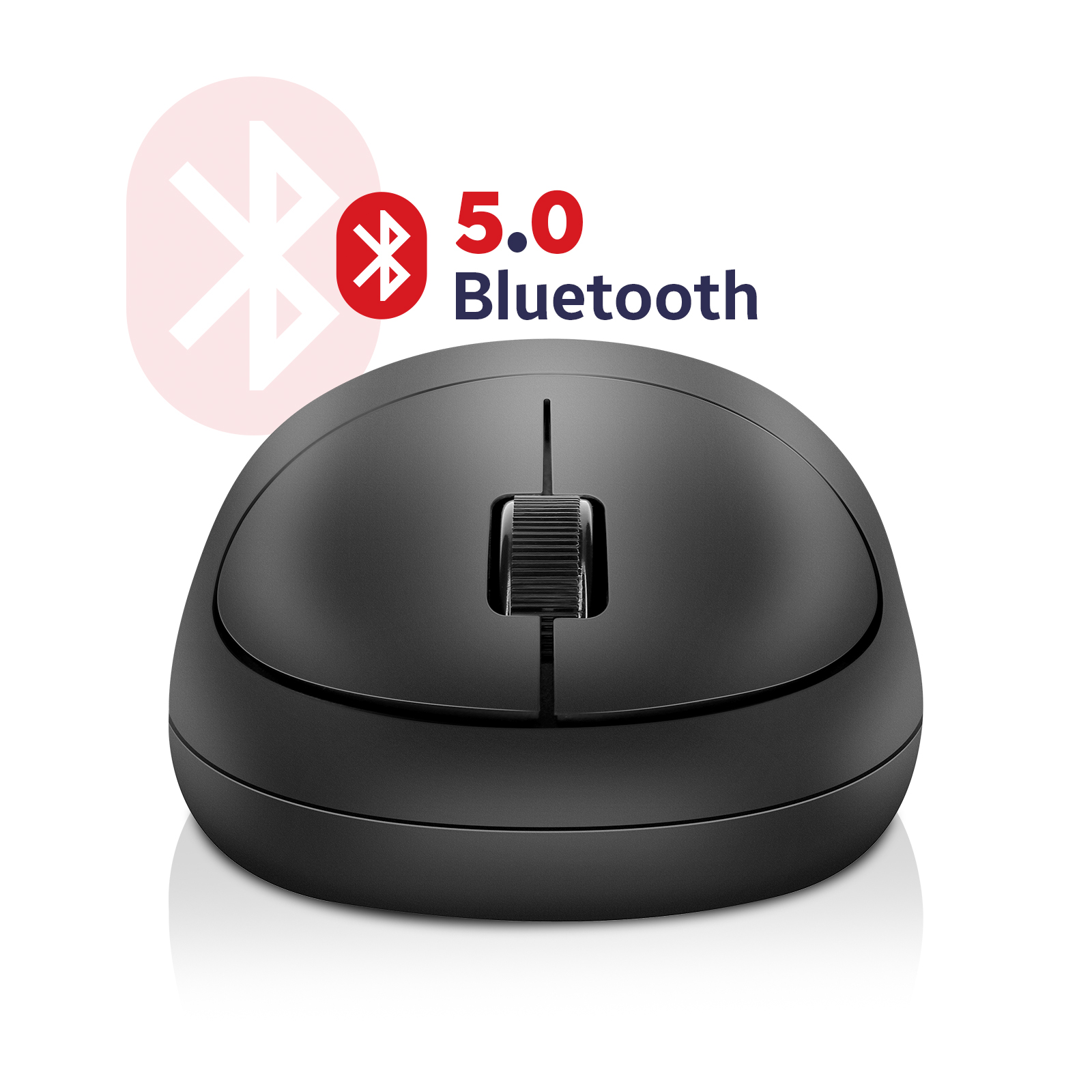Schwarze Computermaus mit Bluetooth-Logo und 5.0-Text vor weißem Hintergrund.