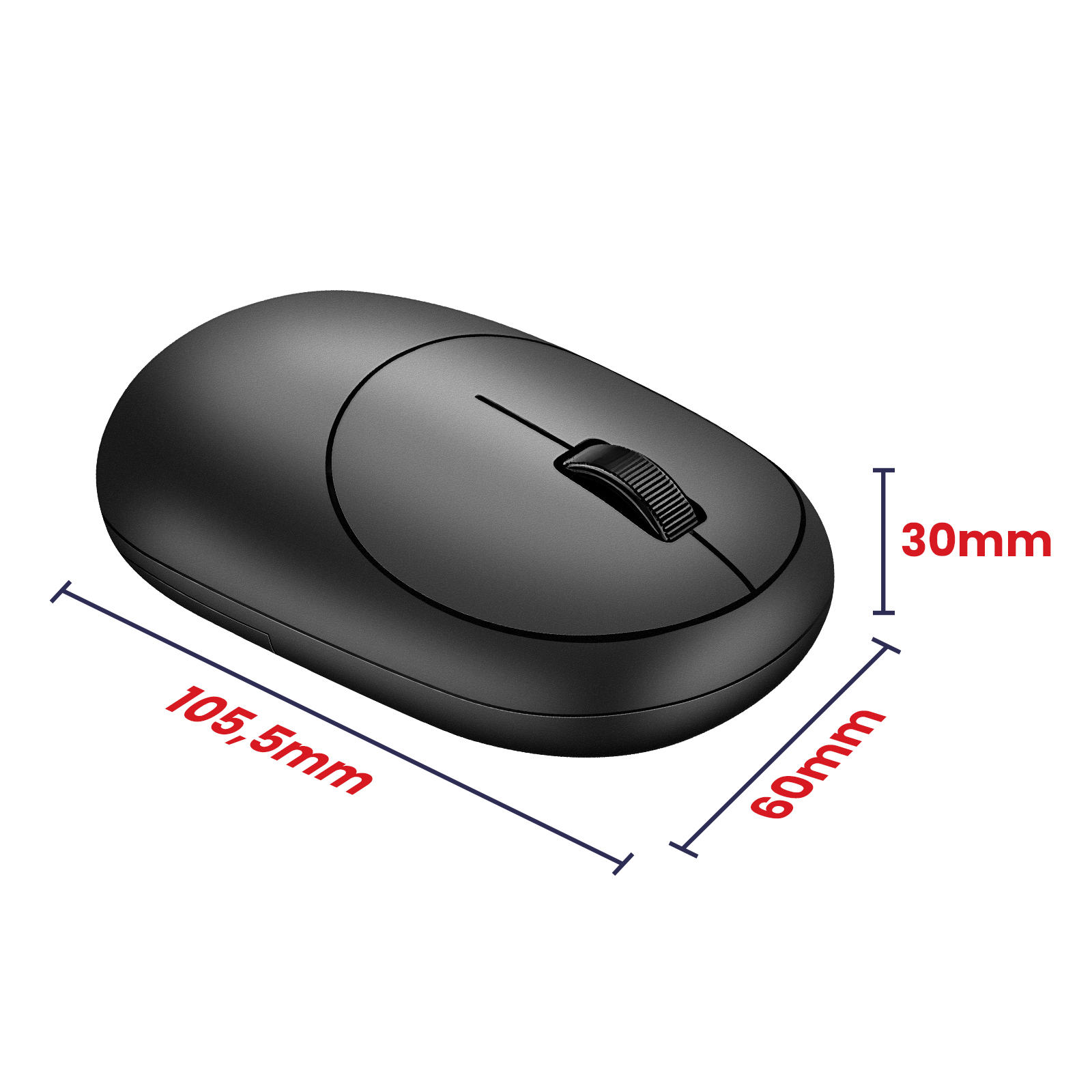Eine schwarze, kabellose Computermaus. Abmessungen: 105,5 mm x 60 mm x 30 mm.