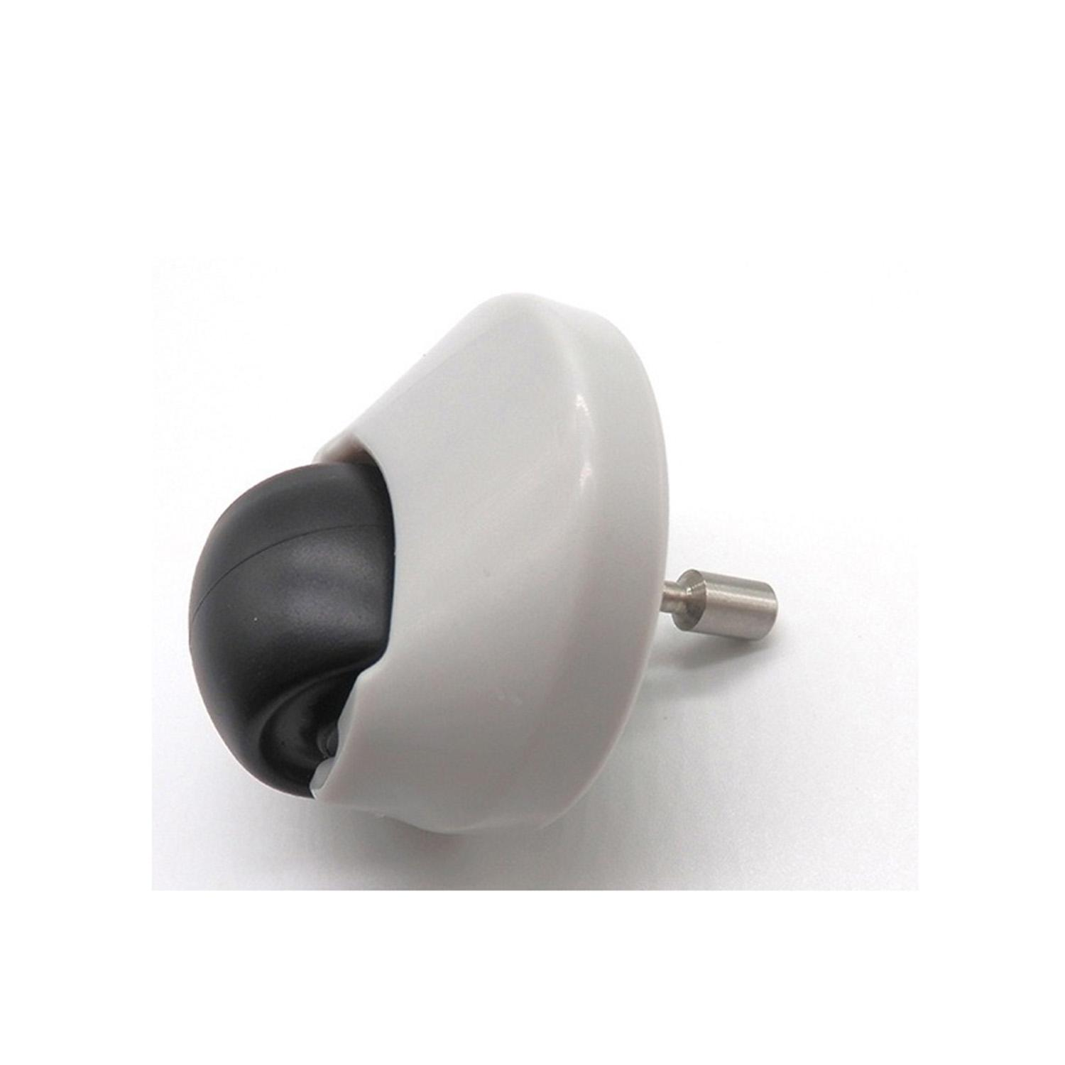 Ein Rad mit einem schwarzen Ball und einem weißen Gehäuse. Es hat einen Metallstift. Der Hintergrund ist weiß.