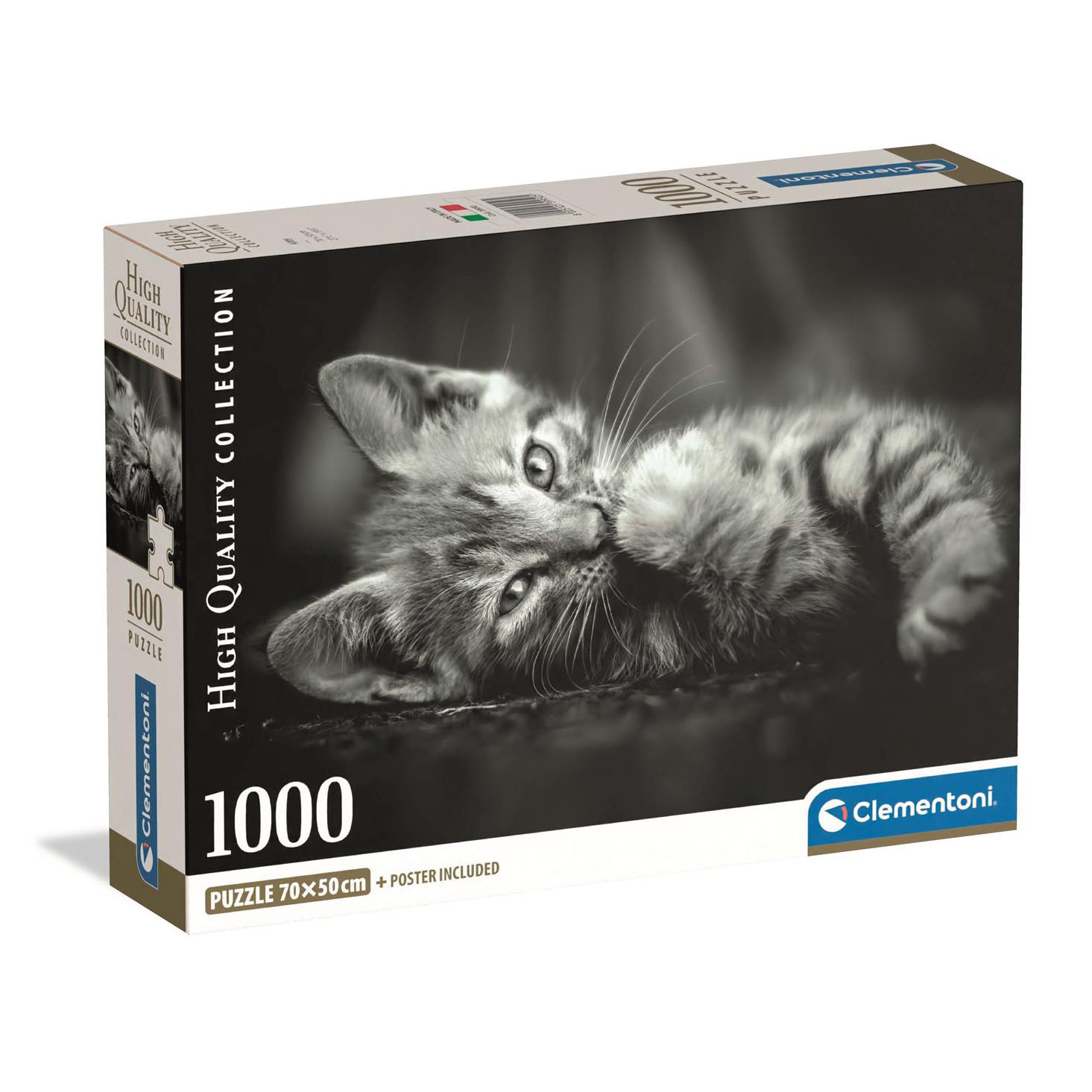 Una scatola di puzzle con un'immagine in scala di grigi di un gattino. La scatola ha etichette di testo, incluso il marchio.