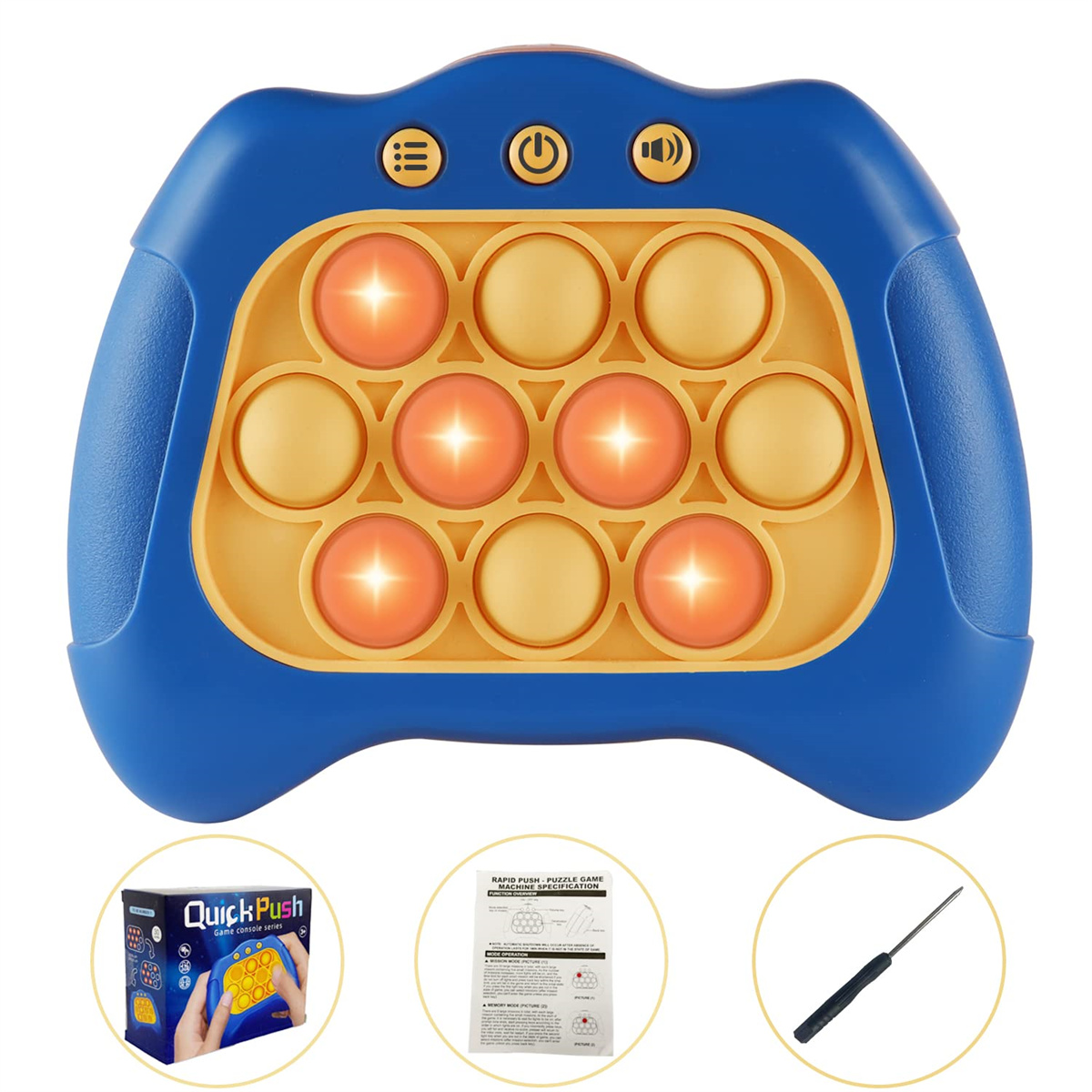 Eine QuickPush-Spielkonsole mit Lichtern. Es gibt eine Box und ein Werkzeug.