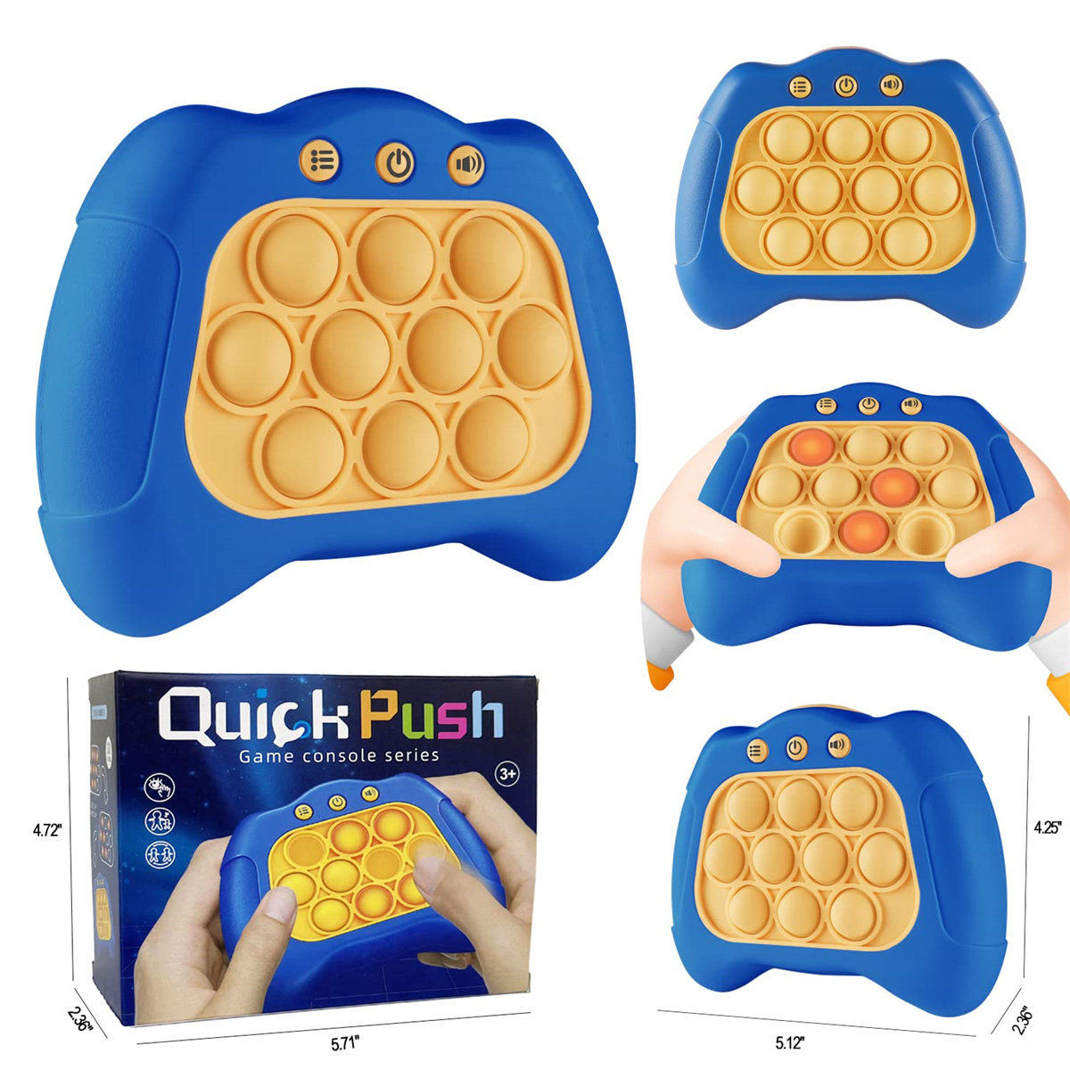 Mehrere Bilder einer QuickPush-Spielkonsole mit blauem Gehäuse, gelben Knöpfen und einer Box.
