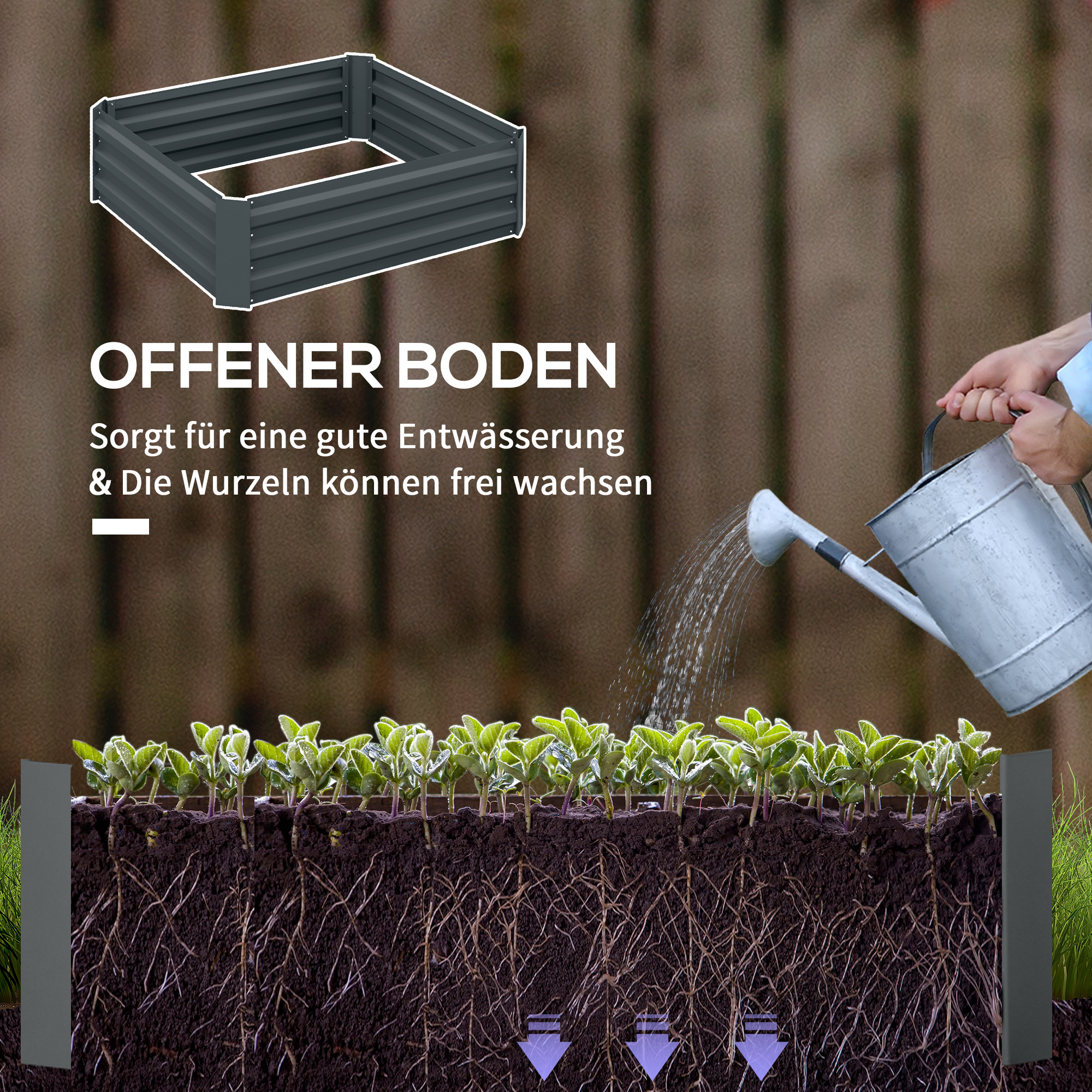 Ein Querschnitt eines erhöhten Gartenbeets mit Erde, Wurzeln und einer Person, die gießt. Der Text ist auf Deutsch.