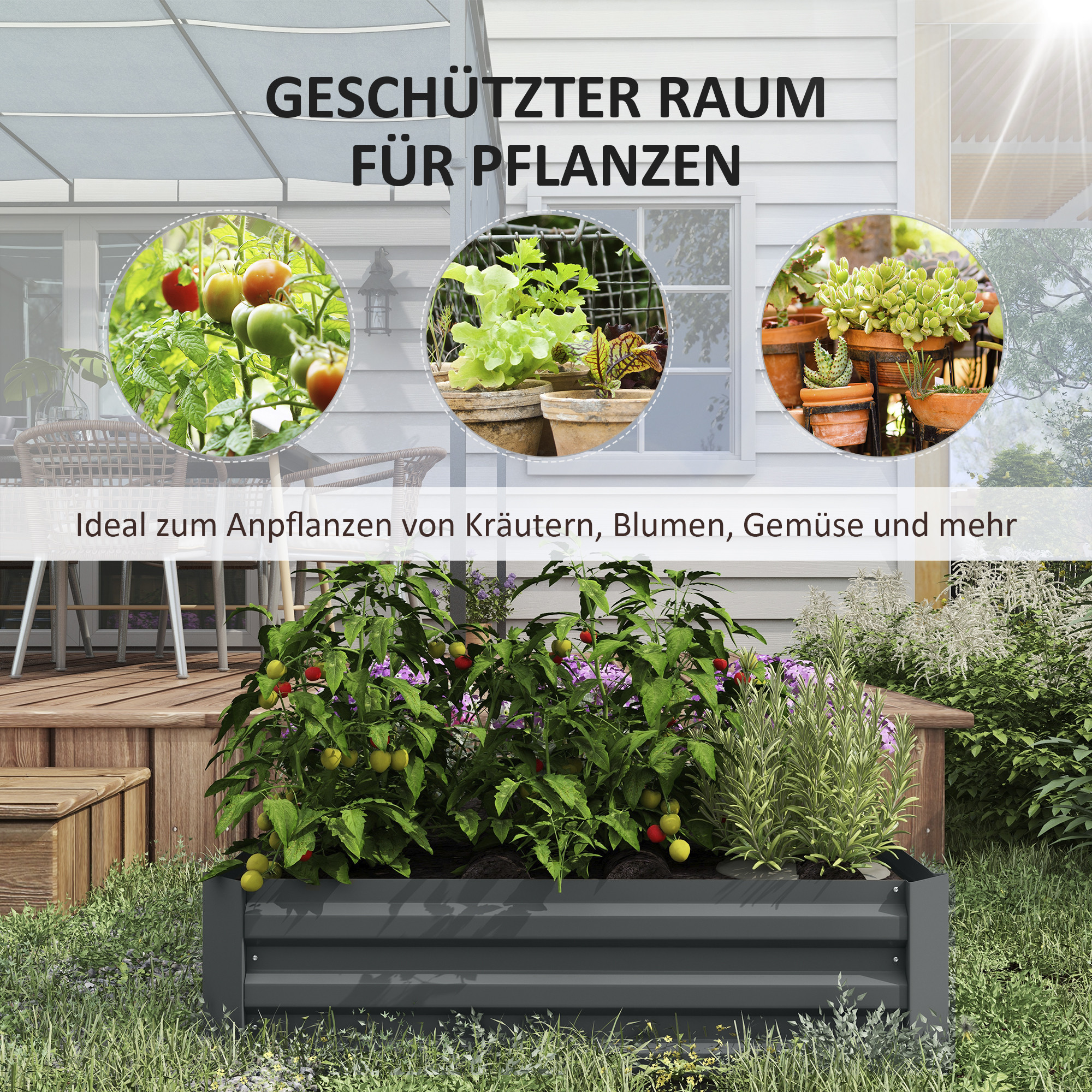 Erhöhtes Hochbeet mit Pflanzen gefüllt. Das Bild zeigt Tomaten, Salat und andere Pflanzen.