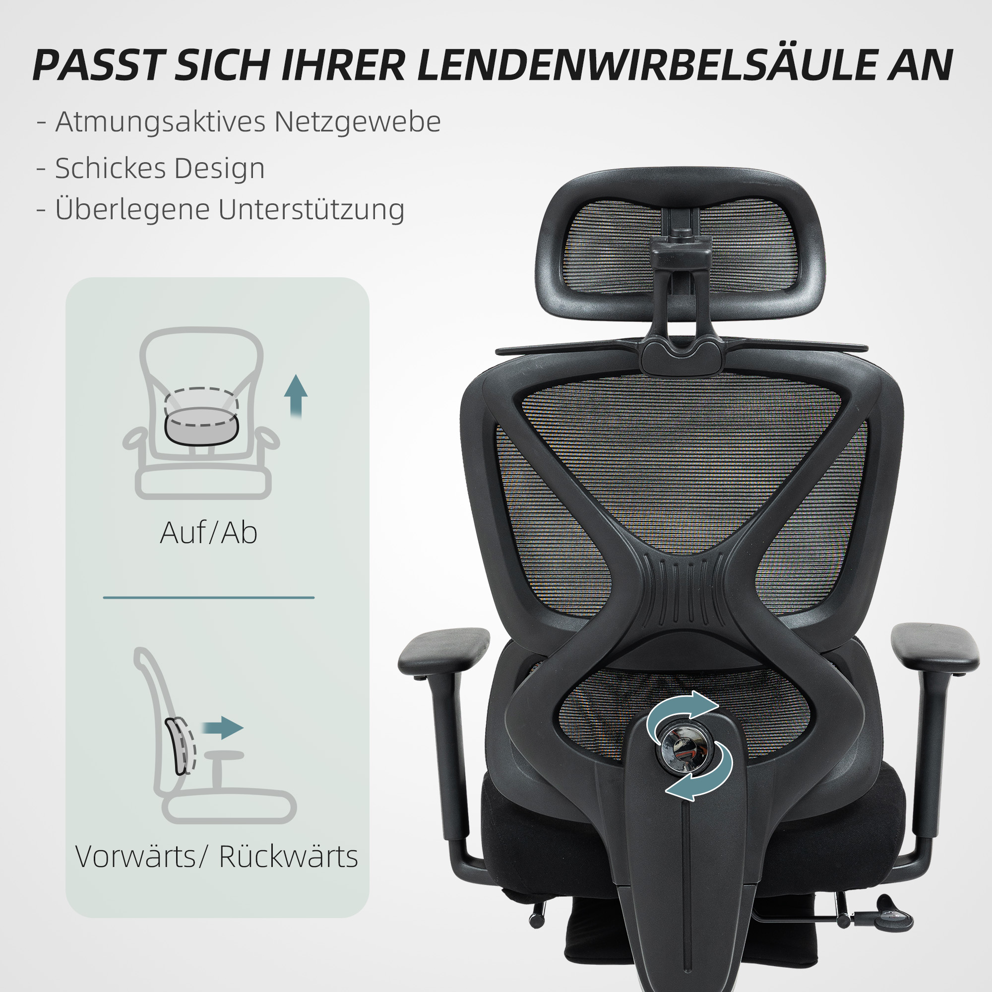 Ein Bürostuhl mit schwarzem Rahmen, Netzrücken und verstellbarer Lordosenstütze, dargestellt in einem Bild.