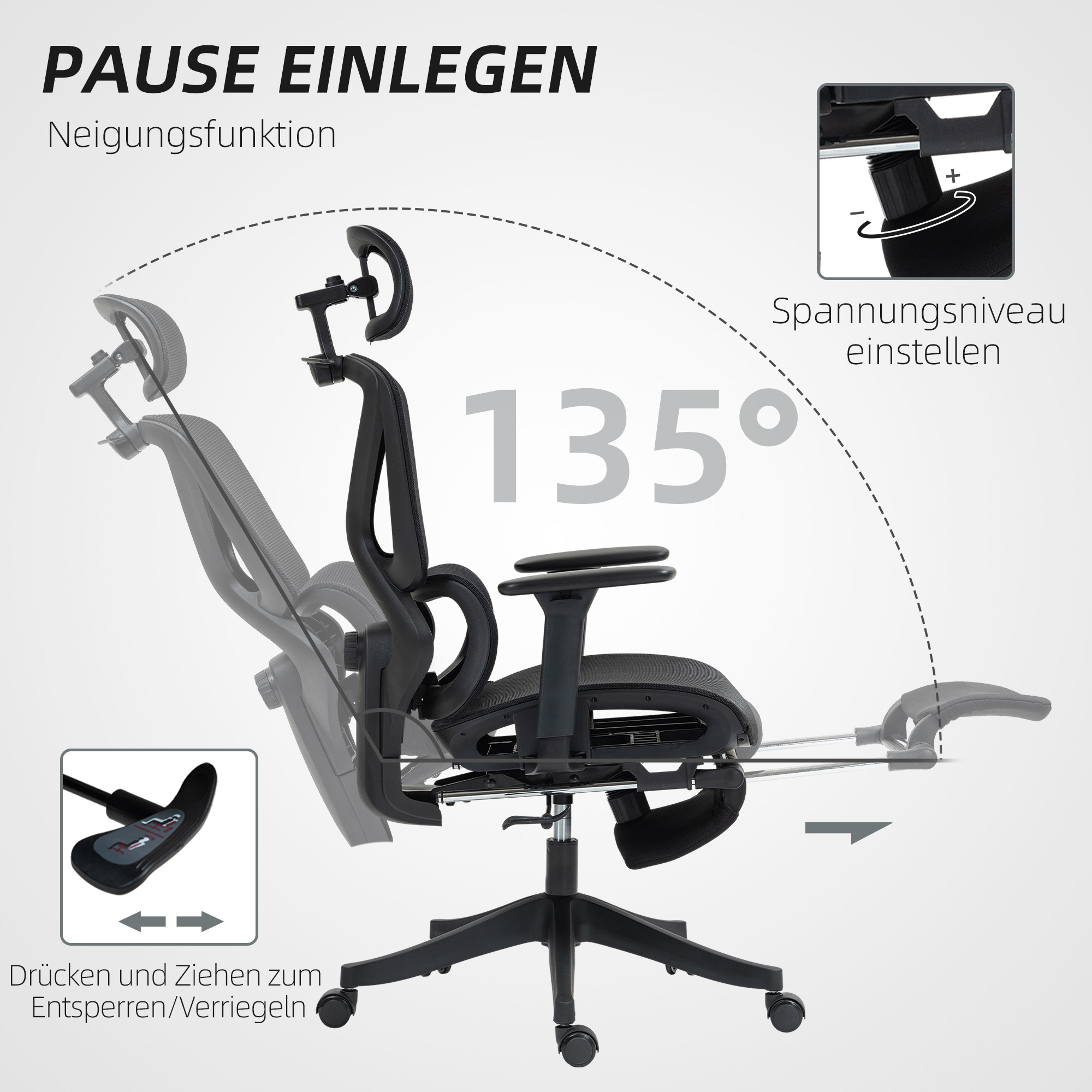 Ergonomischer Bürostuhl in verschiedenen Positionen, Neige- und Kippfunktionen mit Textüberlagerungen zeigend.