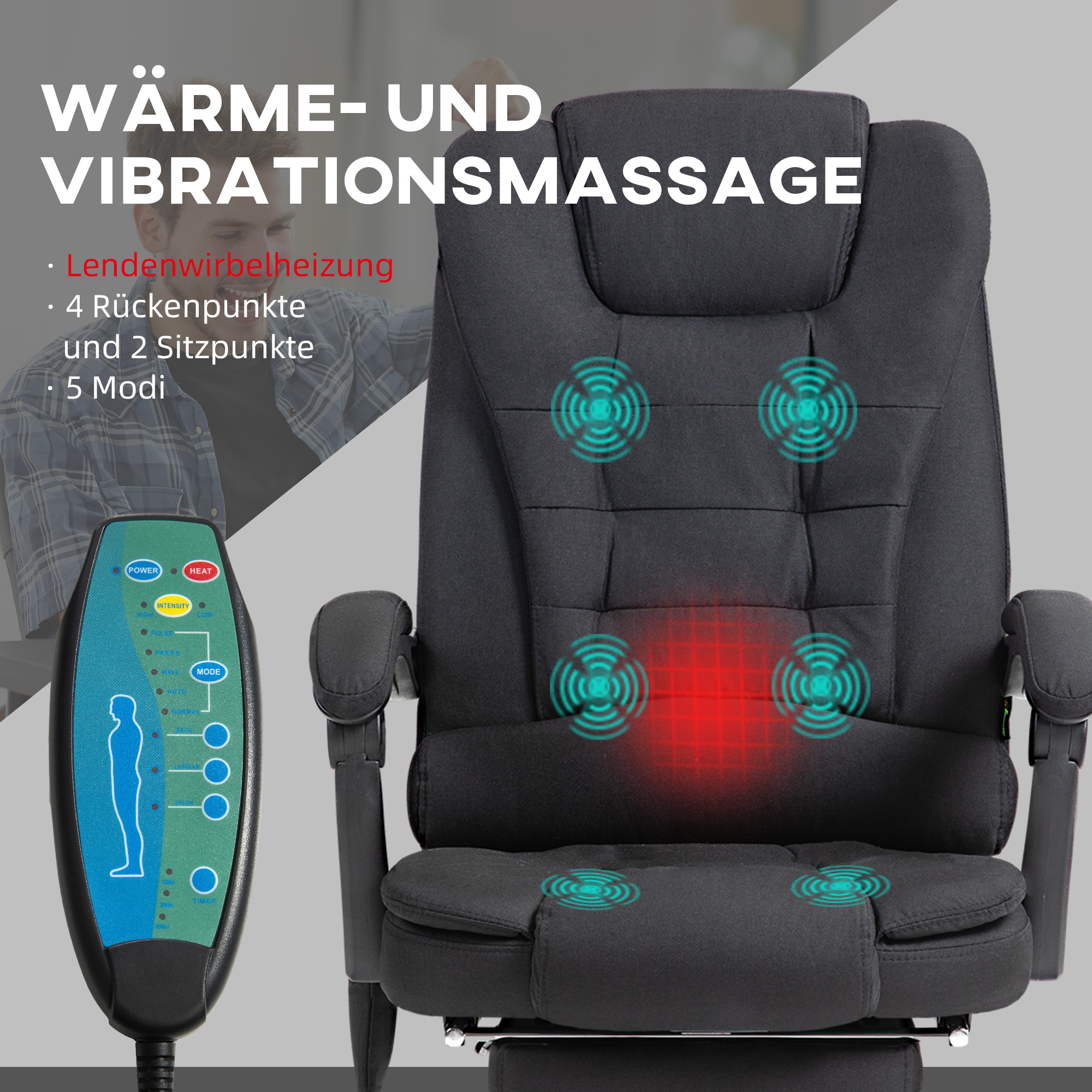 Bürostuhl mit Massagefunktion. Der Stuhl ist schwarz. Bedienfeld an der Seite.