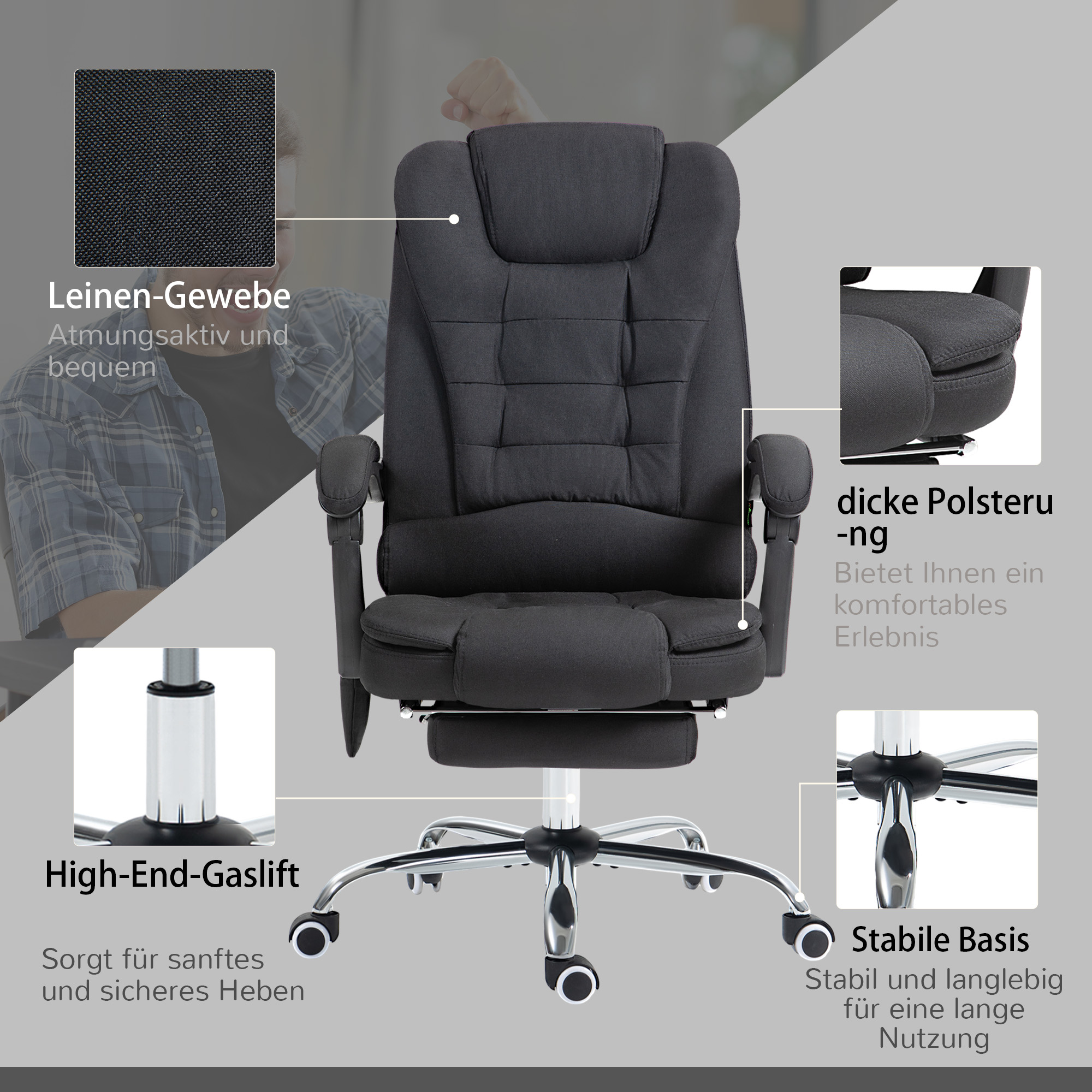 Schwarzer Bürostuhl mit Kopfstütze, Armlehnen und Chromfuß. Merkmale: High-End-Gaslift und stabile Basis.