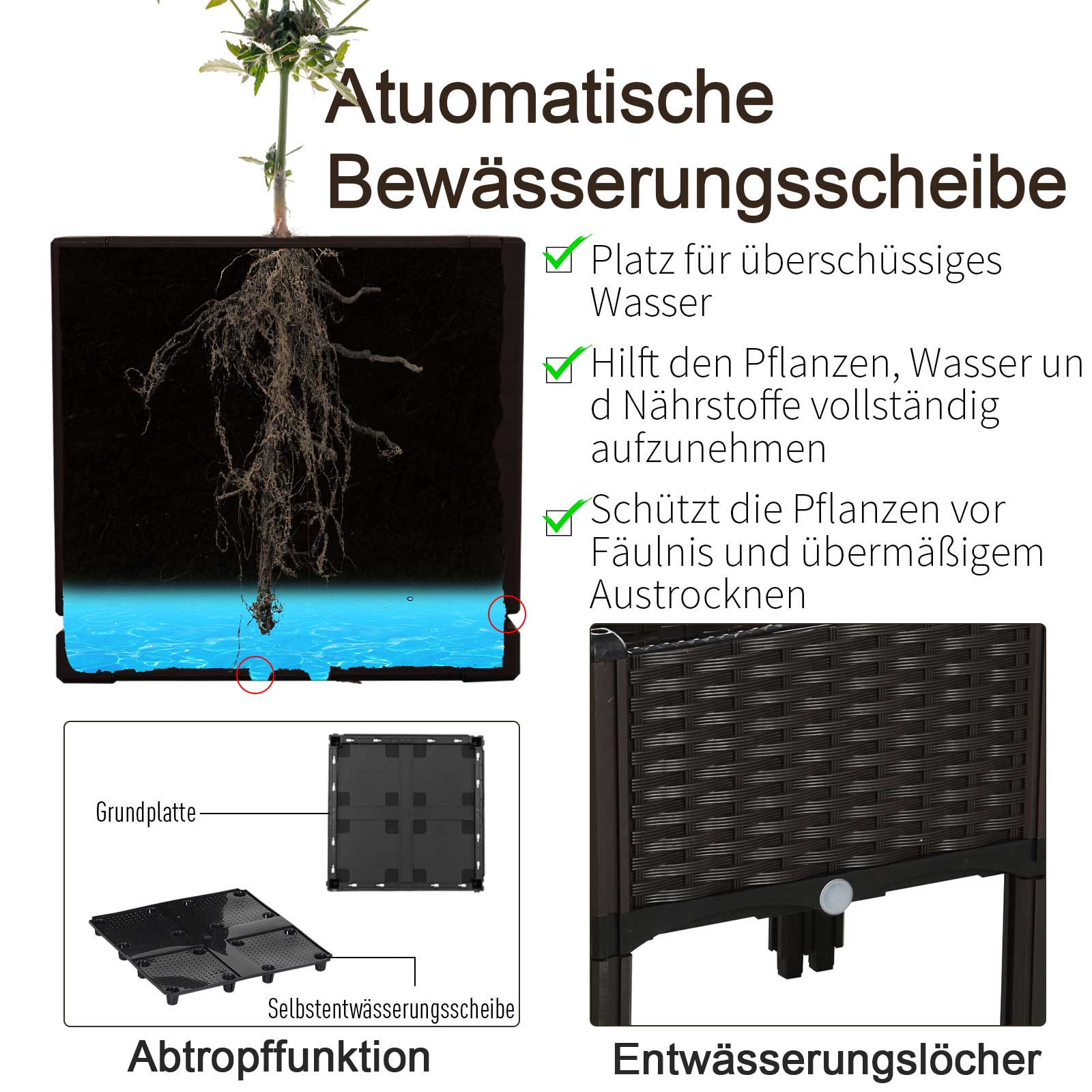 Diagramm eines Pflanzgefäßes mit Selbstbewässerungssystem. Zeigt Wasserstand und Abflusslöcher mit Textbeschriftungen.