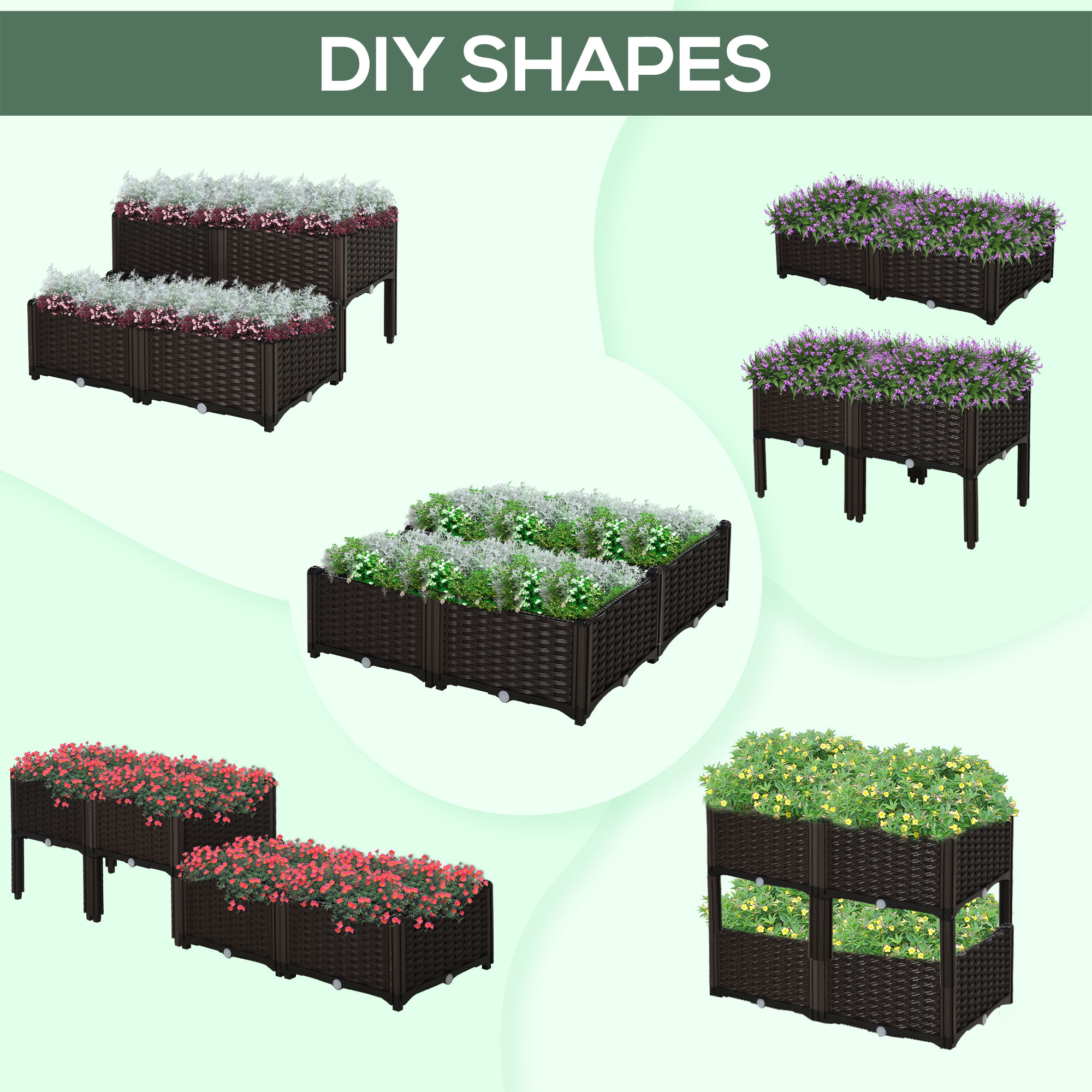 Verschiedene braune Pflanzgefäße mit Blumen, in verschiedenen Formen angeordnet. Die Worte DIY SHAPES stehen oben.