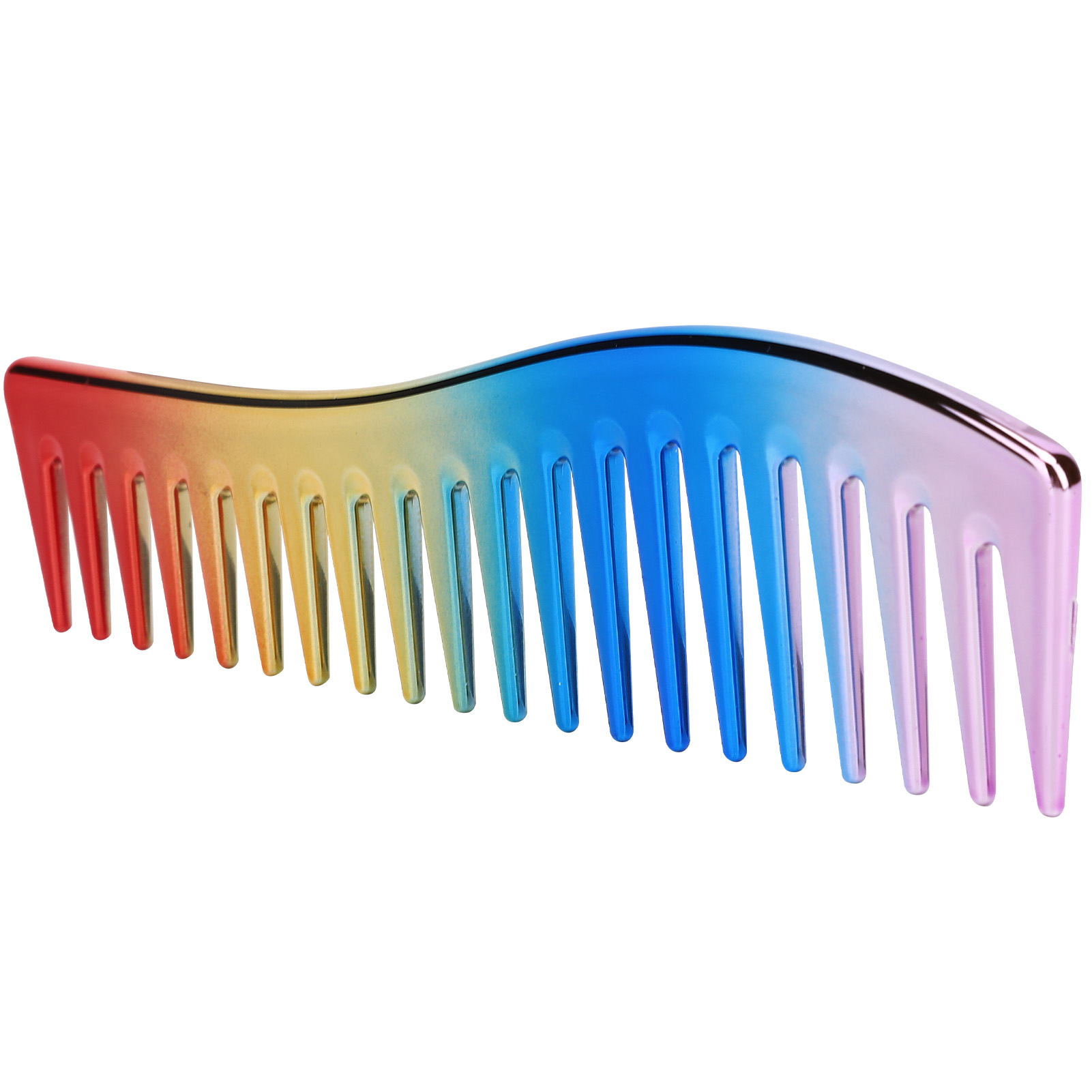 Ein regenbogenfarbiger Kamm. Rote, orange, gelbe, grüne, blaue und lila Farbtöne.