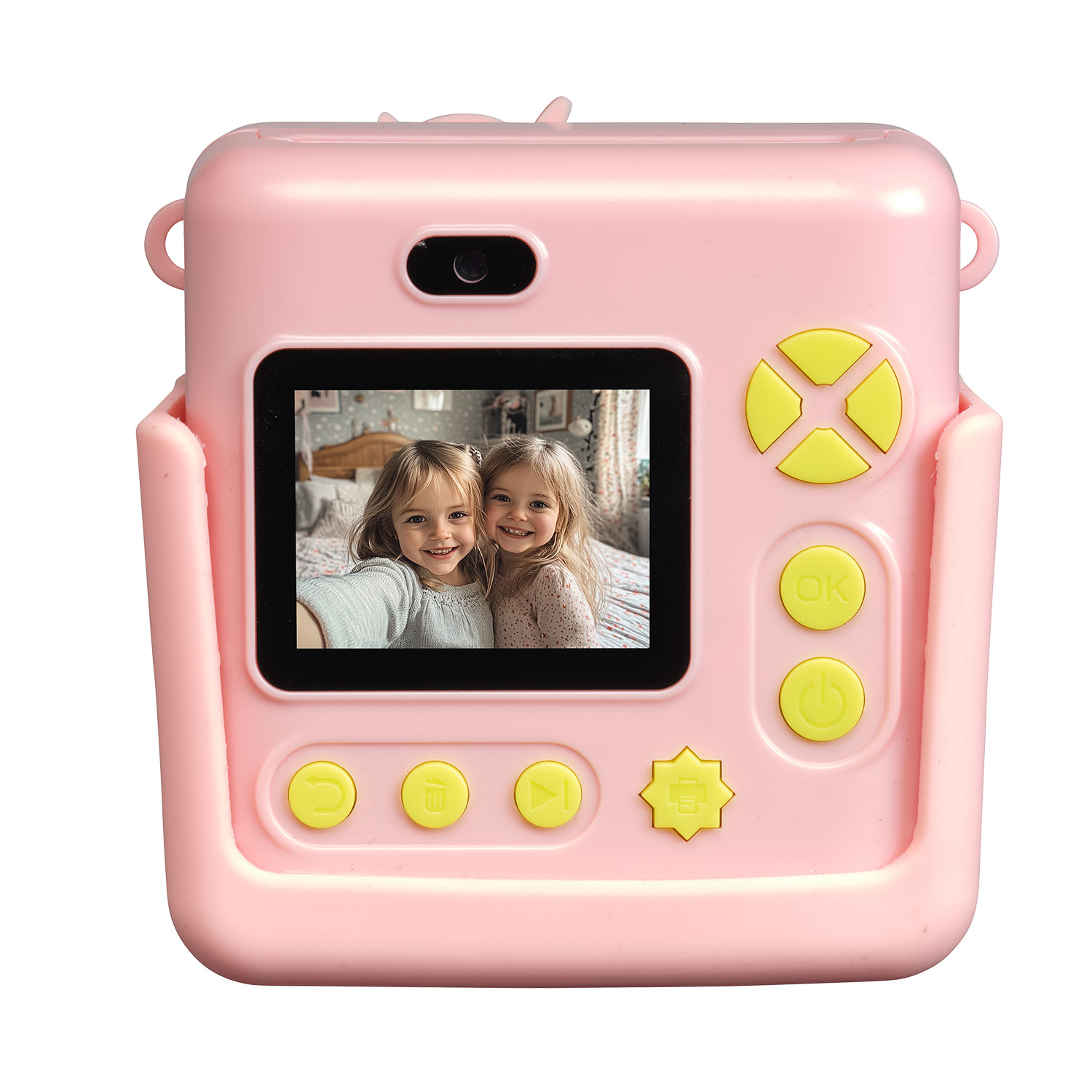 Pink camera with two girls on the screen. Yellow buttons. Two girls are smiling on the screen.