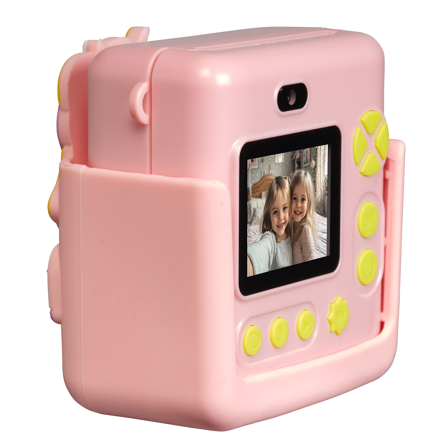 Pink toy camera with yellow buttons. Screen shows two smiling girls. White background.