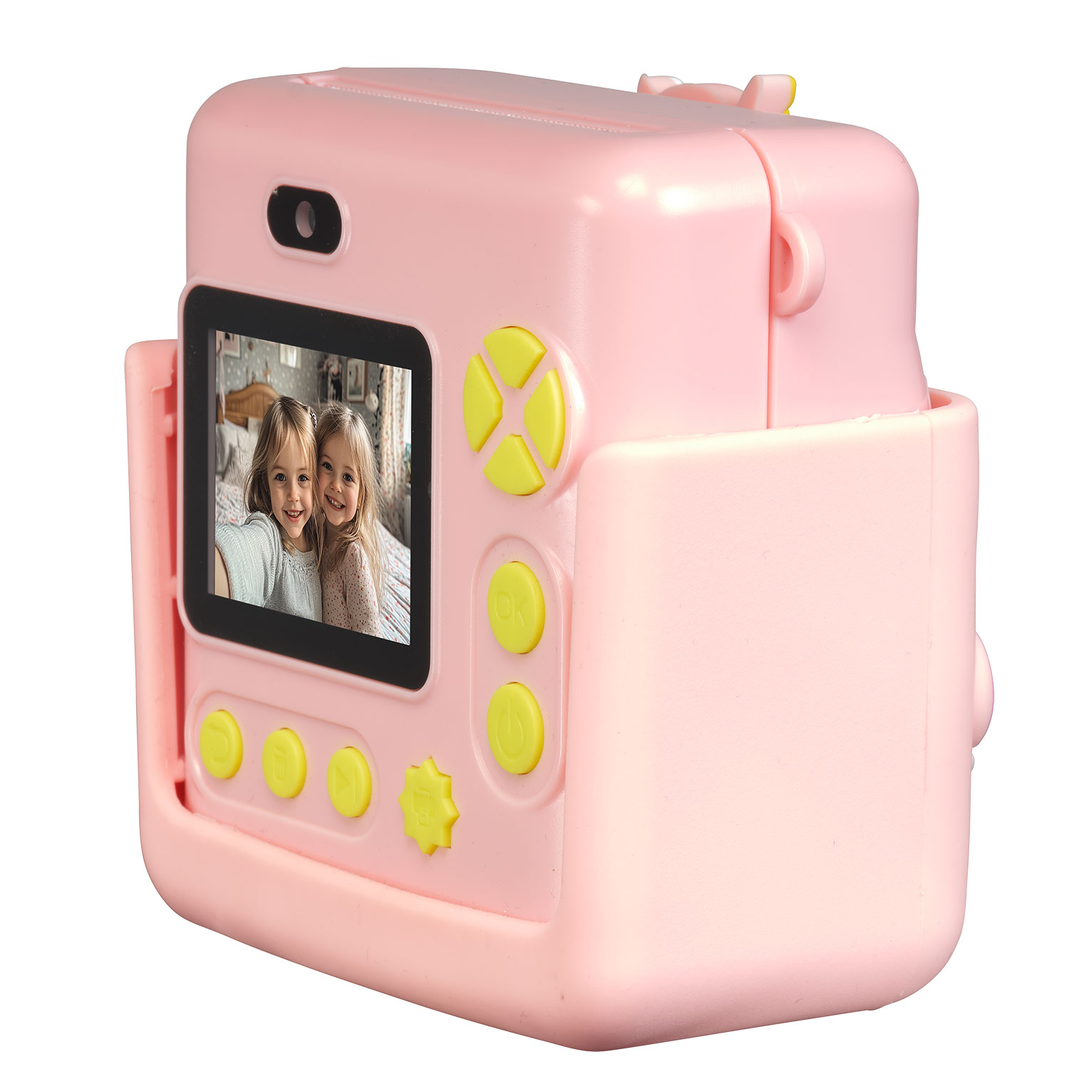 Pink camera with two girls on the screen. Yellow buttons. Side view of the camera.