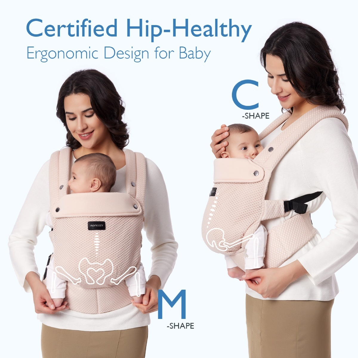 Frau hält Baby in einer beigefarbenen Babytrage, zeigt die M-Form und die C-Form-Positionen.