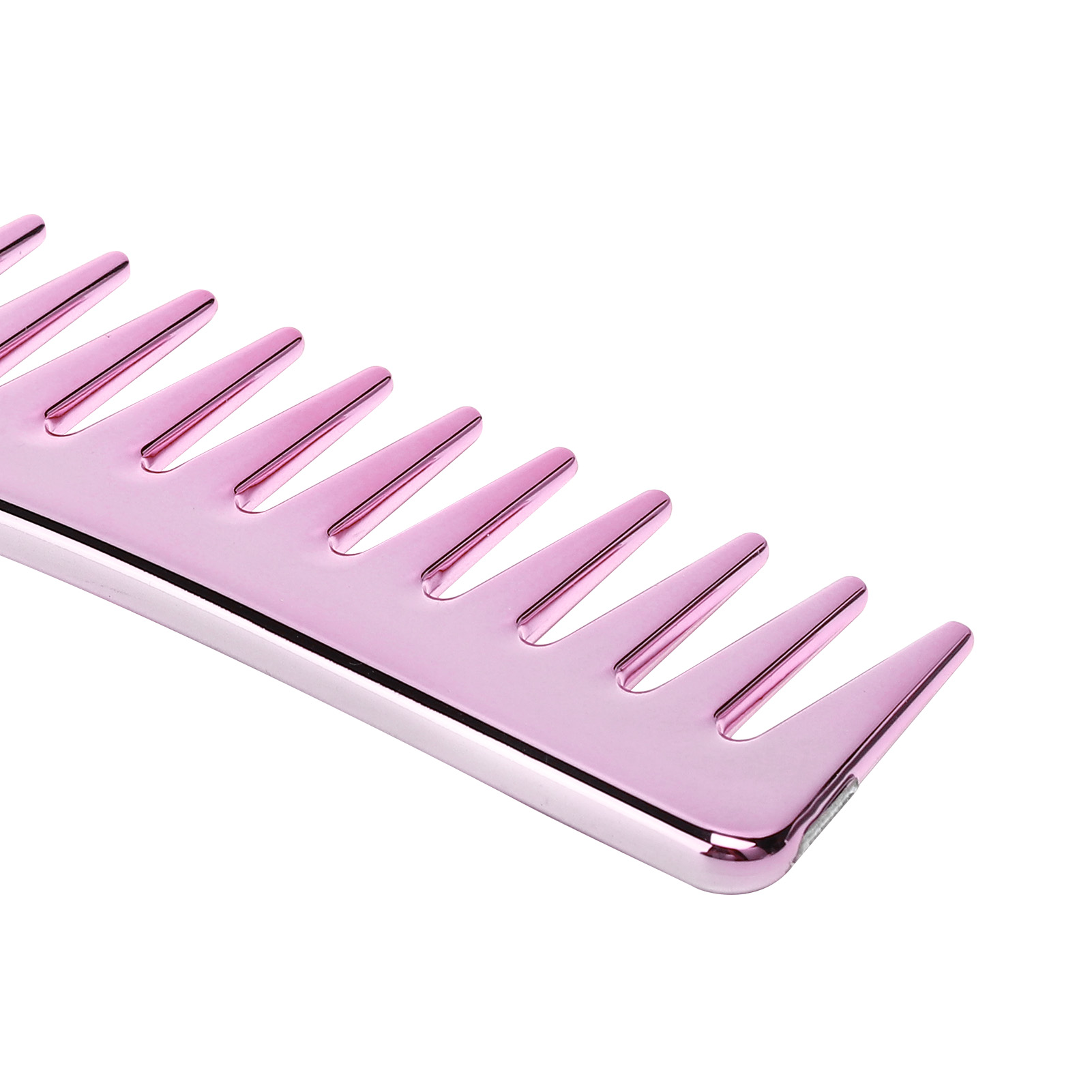 Nahaufnahme eines rosa Kamms. Die Zähne sind breit und abgerundet.