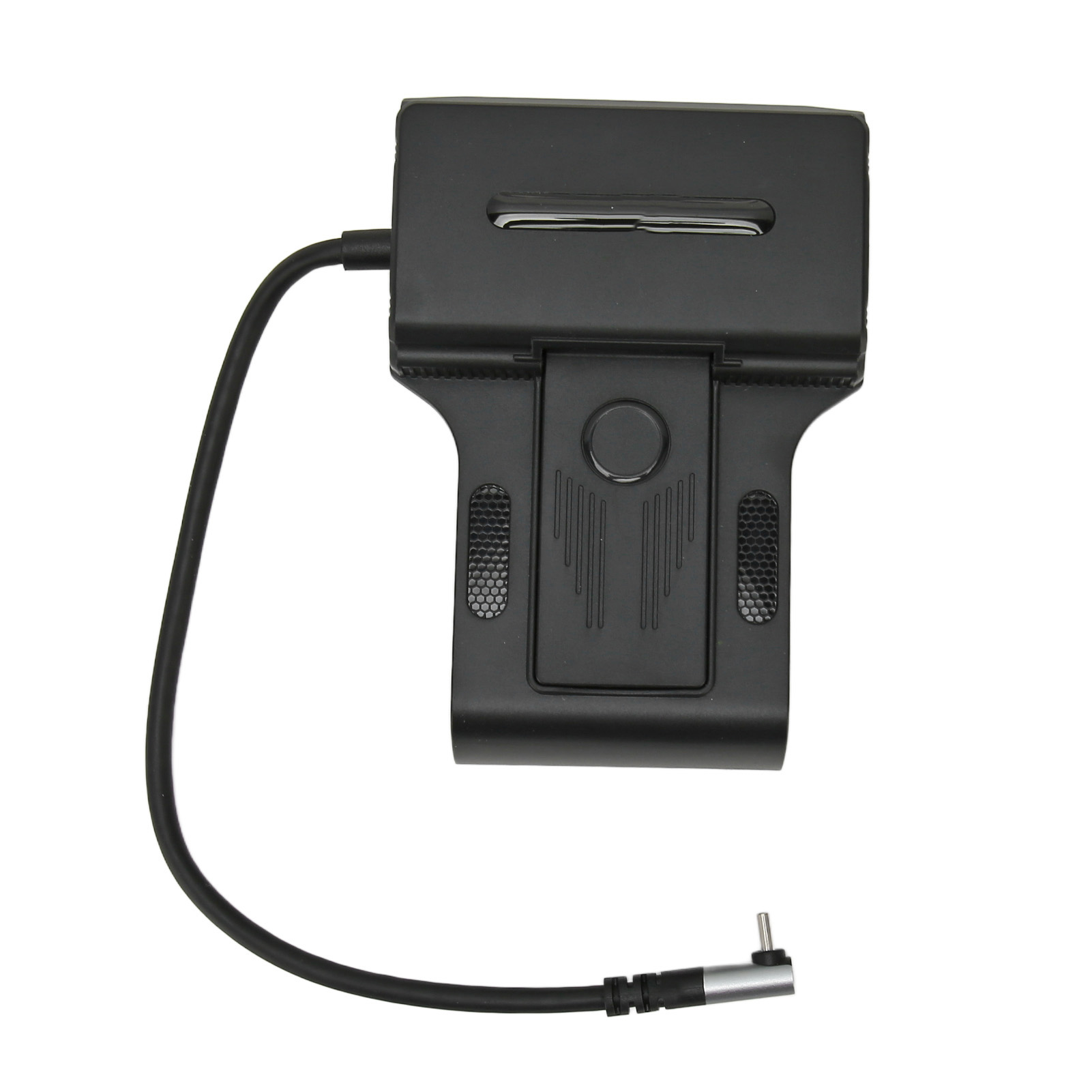 Schwarzes Gerät mit Kabel, weißer Hintergrund.
