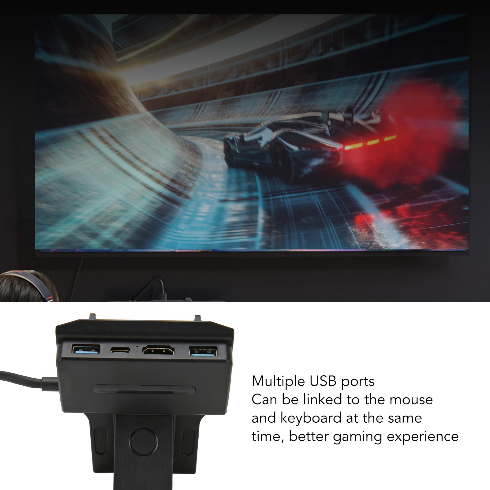 Gaming-Konsolen-Zubehör mit USB-Anschlüssen und einem Bildschirm, der ein Rennspiel zeigt. Schwarz.