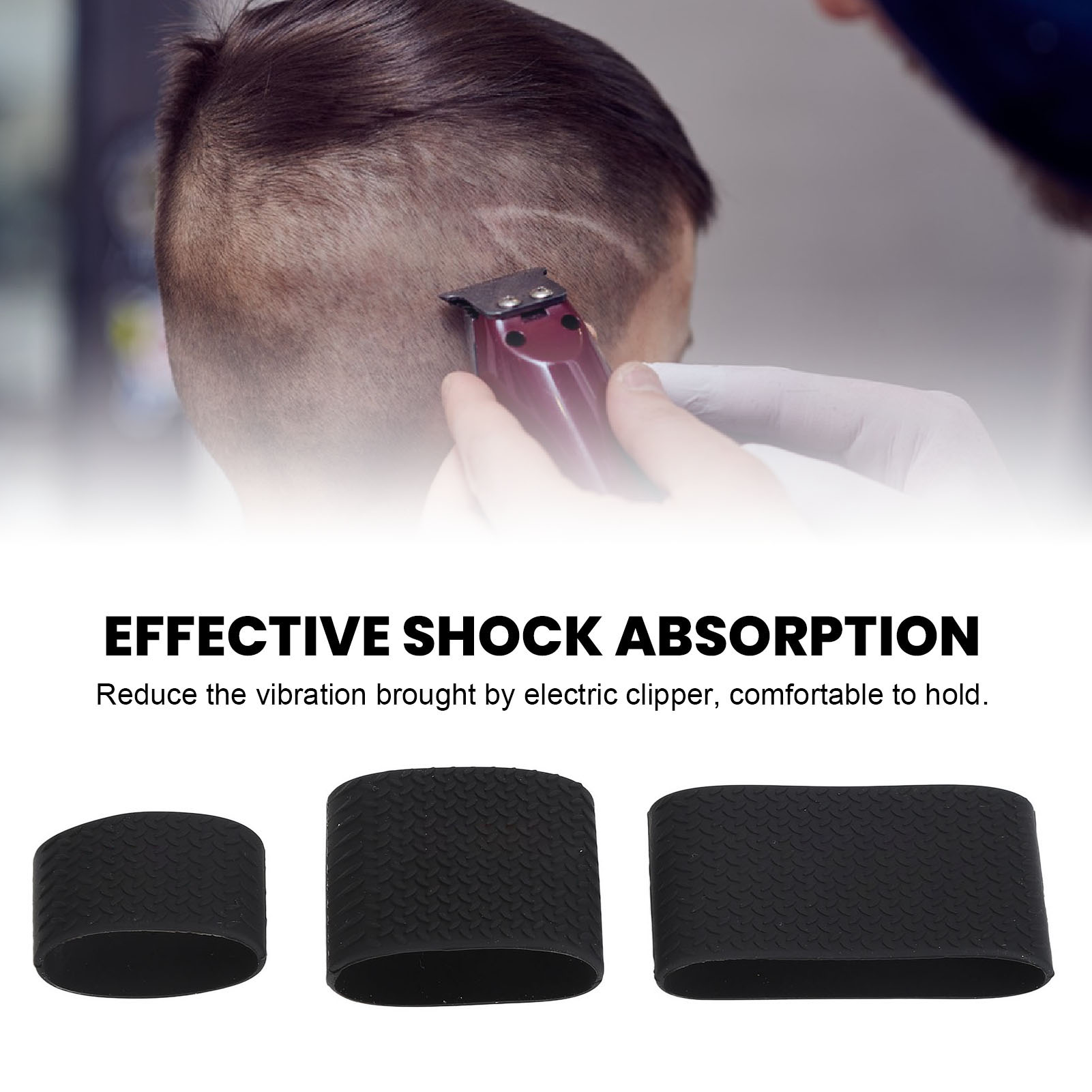 Eine Person bekommt einen Haarschnitt. Drei schwarze Silikon-Schneidehülsen im Vordergrund.