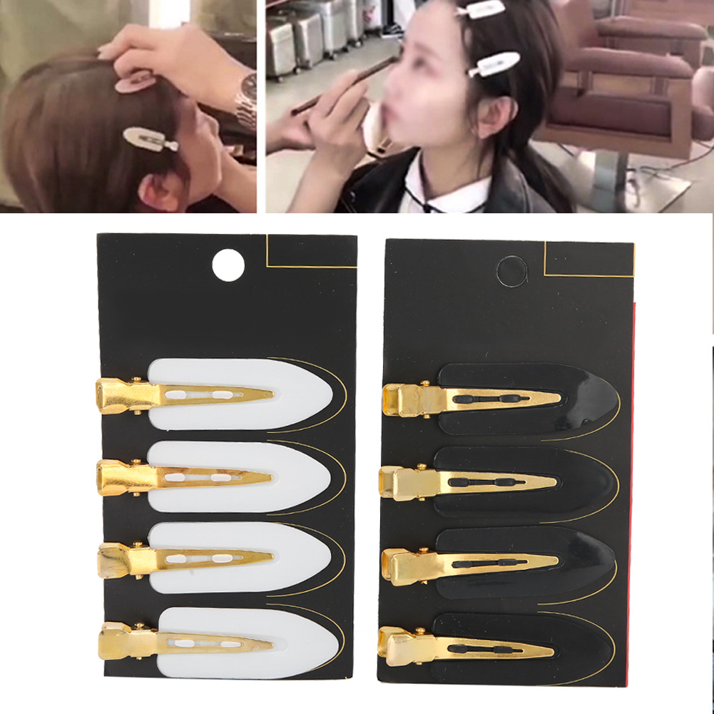 Eine Collage von Bildern, die Haarspangen in Gebrauch und in der Verpackung zeigen. Spangen sind schwarz, weiß, mit Gold. Verschiedene Ansichten.