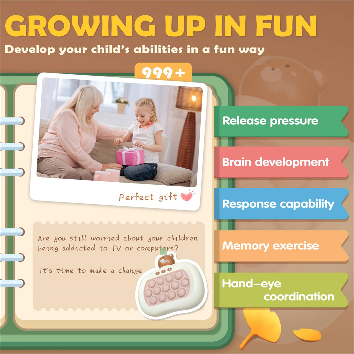 Das Bild zeigt eine Frau, die einem Mädchen ein Geschenk gibt. Der Text bewirbt ein Kinderspielzeug für Spaß und Entwicklung.