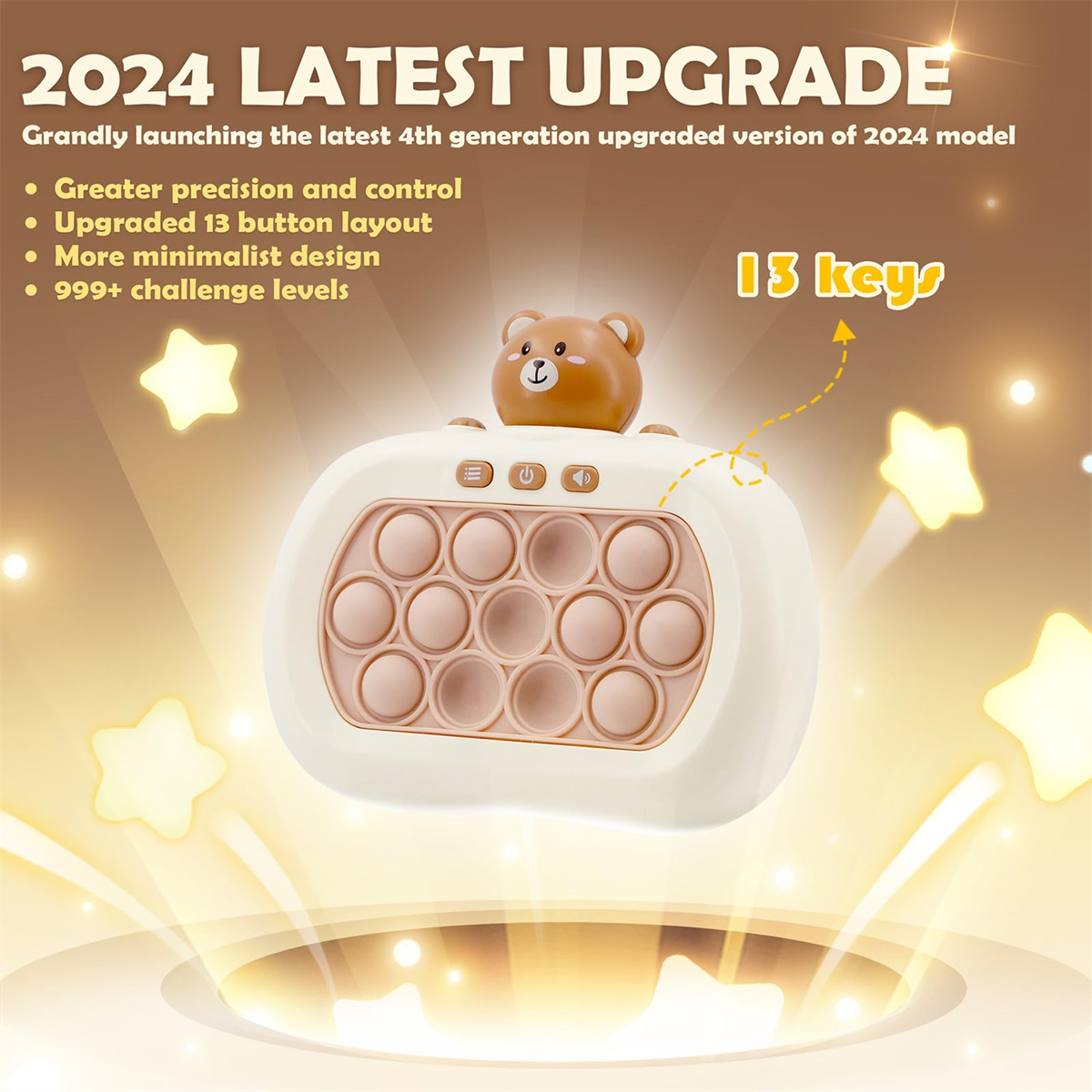Das Bild zeigt ein weißes Spielzeug mit beige Blasen, einen Bären oben drauf und Text über ein Upgrade.
