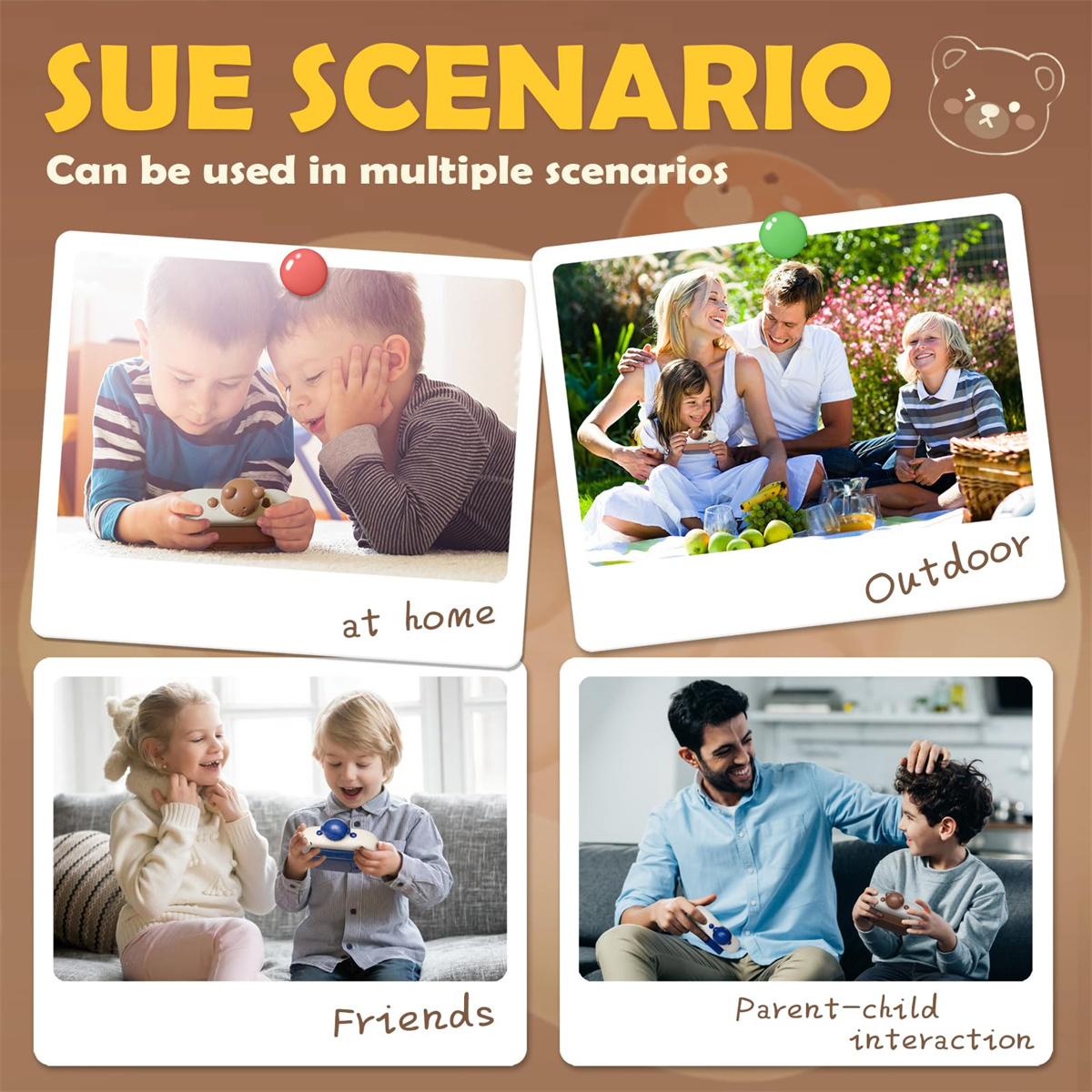 Vier Bilder, die Szenarien zeigen, wie man ein Spielzeug verwendet. Kinder spielen damit zu Hause, mit Freunden und im Freien.