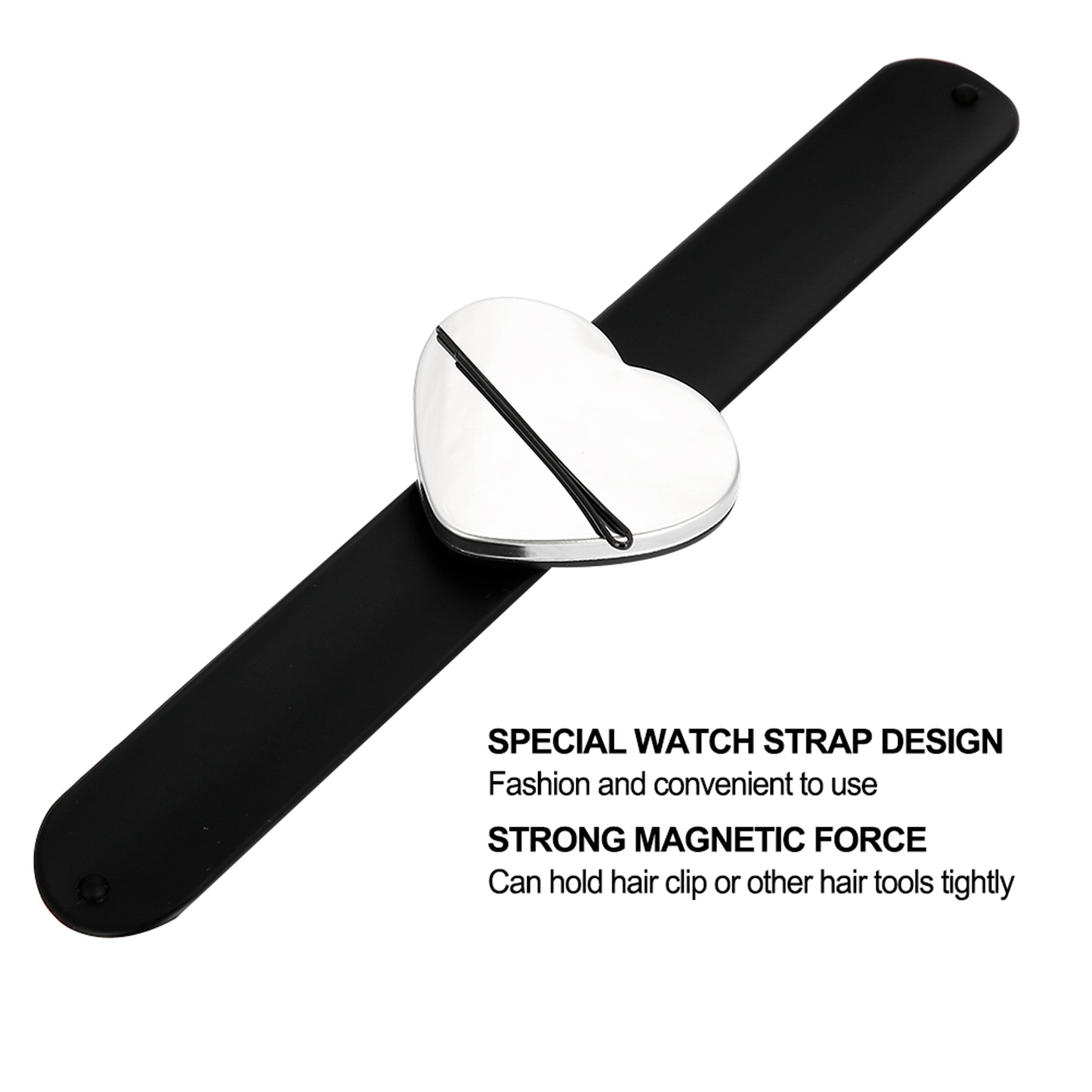Schwarzes Armband mit silbernem herzförmigen Magneten. Der Text beschreibt die Eigenschaften.